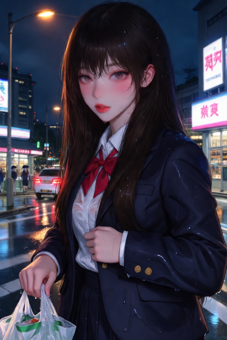 a rainy night in the Xinyi District,  impressionistic paintings,  flashing billboards and neon lights on Tensor.Art