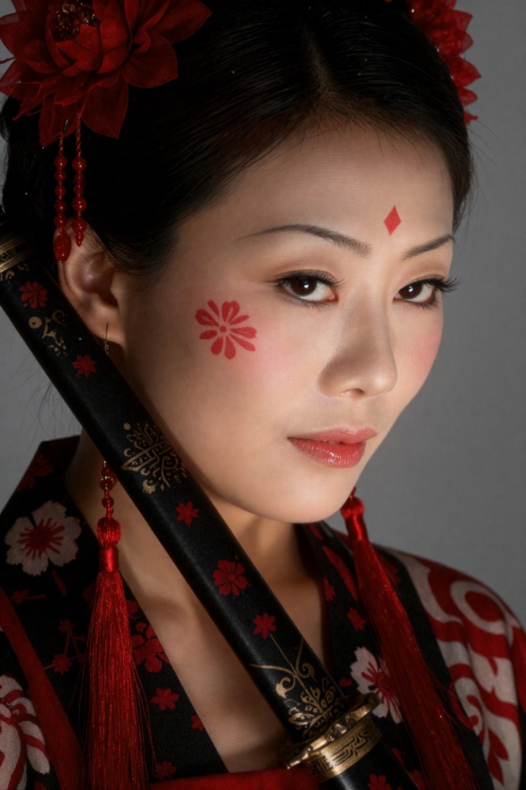 这幅特写人像刻画了一位目光锐利的年轻女子,  整体造型为传统东亚武士风格。她乌黑的秀发精心点缀着艳丽的红色绢花与精致的珠串流苏。肌肤白皙剔透,  眉间印有一枚红色菱形纹路 by SUNSHINE on Tensor.Art