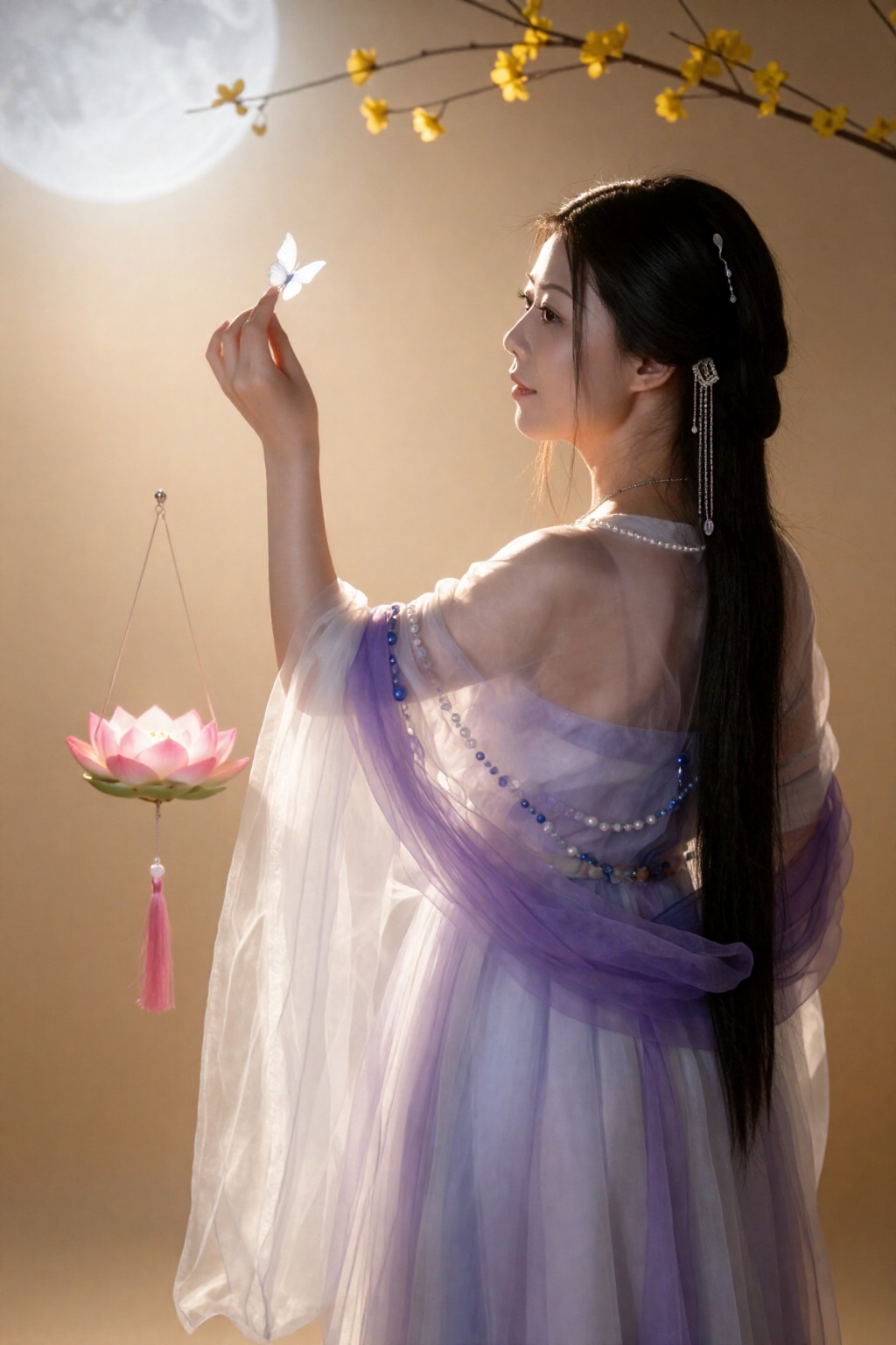 一位长发乌黑柔顺的年轻女子,  发丝点缀着银饰,  立于空灵雅致的暖金色意境之中。她身着层次丰富、质地通透的淡紫与白相间长裙 by SUNSHINE on Tensor.Art