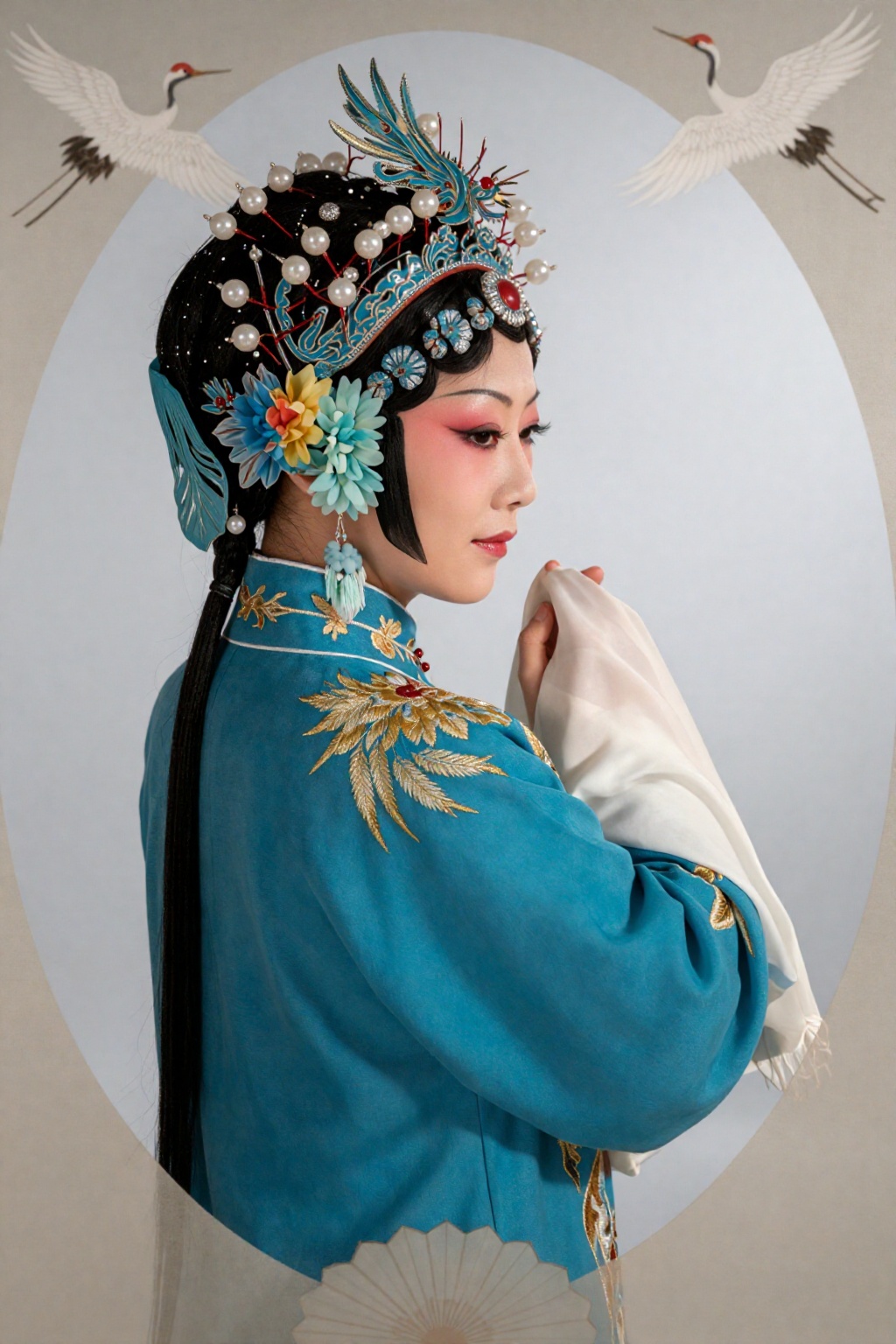 一幅精致细腻的肖像图,  描绘了一位身着中国传统戏服的女子侧影。她头戴华丽繁复的头饰,  饰有青色凤凰纹样、流光溢彩的珍珠 by SUNSHINE on Tensor.Art