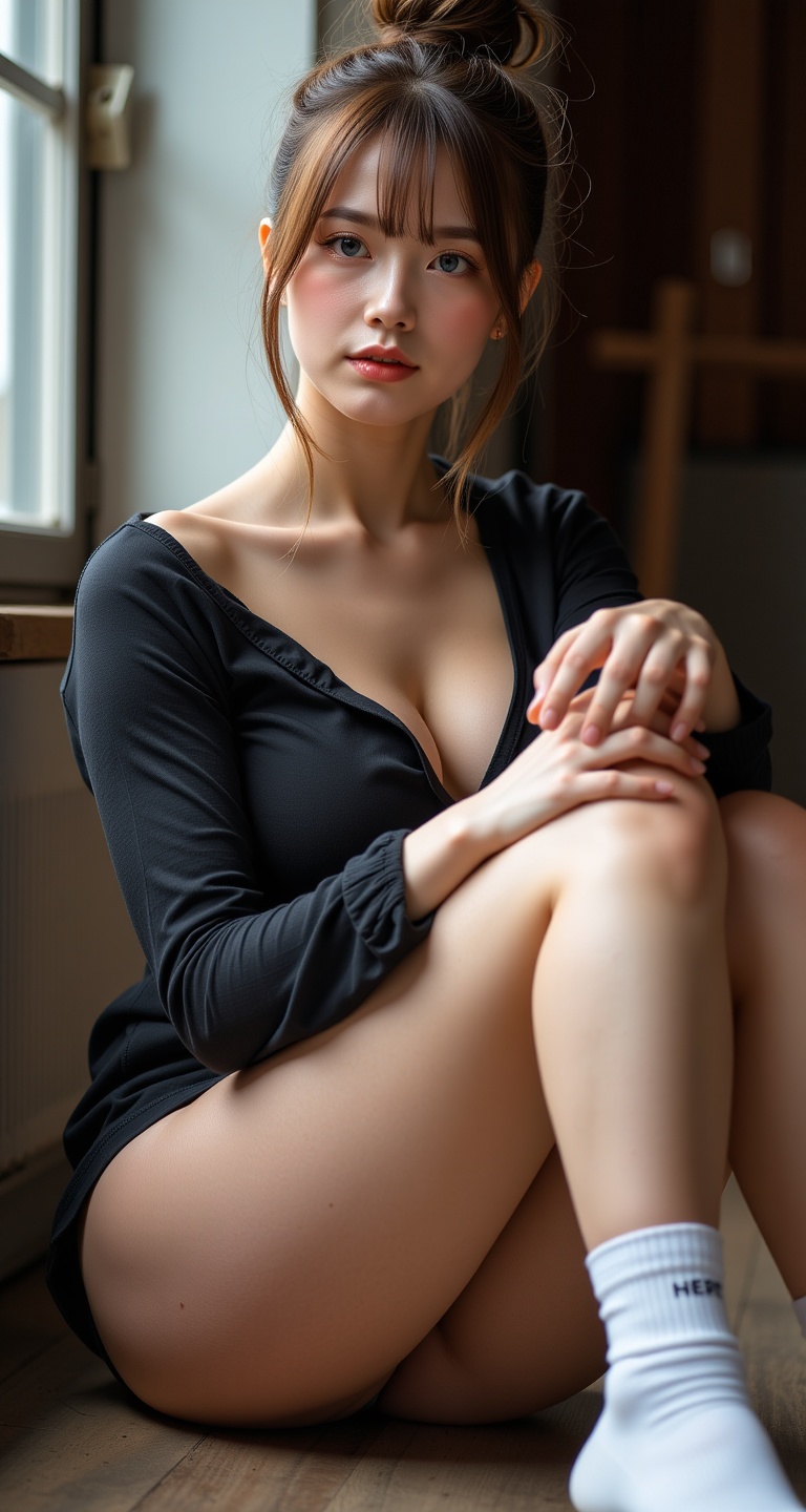 Create ultra photorealistic portrait of a 1girl solo breasts looking at viewer bangs blue eyes brown hair shirt long sleev...
