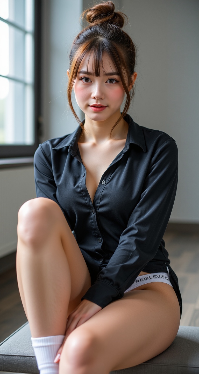 Create ultra photorealistic portrait of a 1girl solo breasts looking at viewer bangs blue eyes brown hair shirt long sleev...