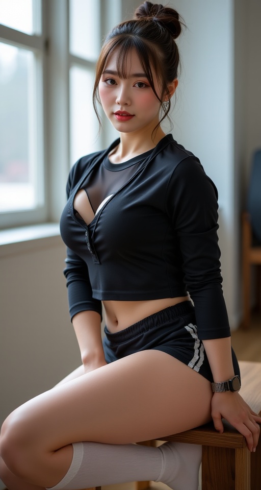 Create ultra photorealistic portrait of a 1girl solo breasts looking at viewer black eyes brown hair shirt long sleeves si...