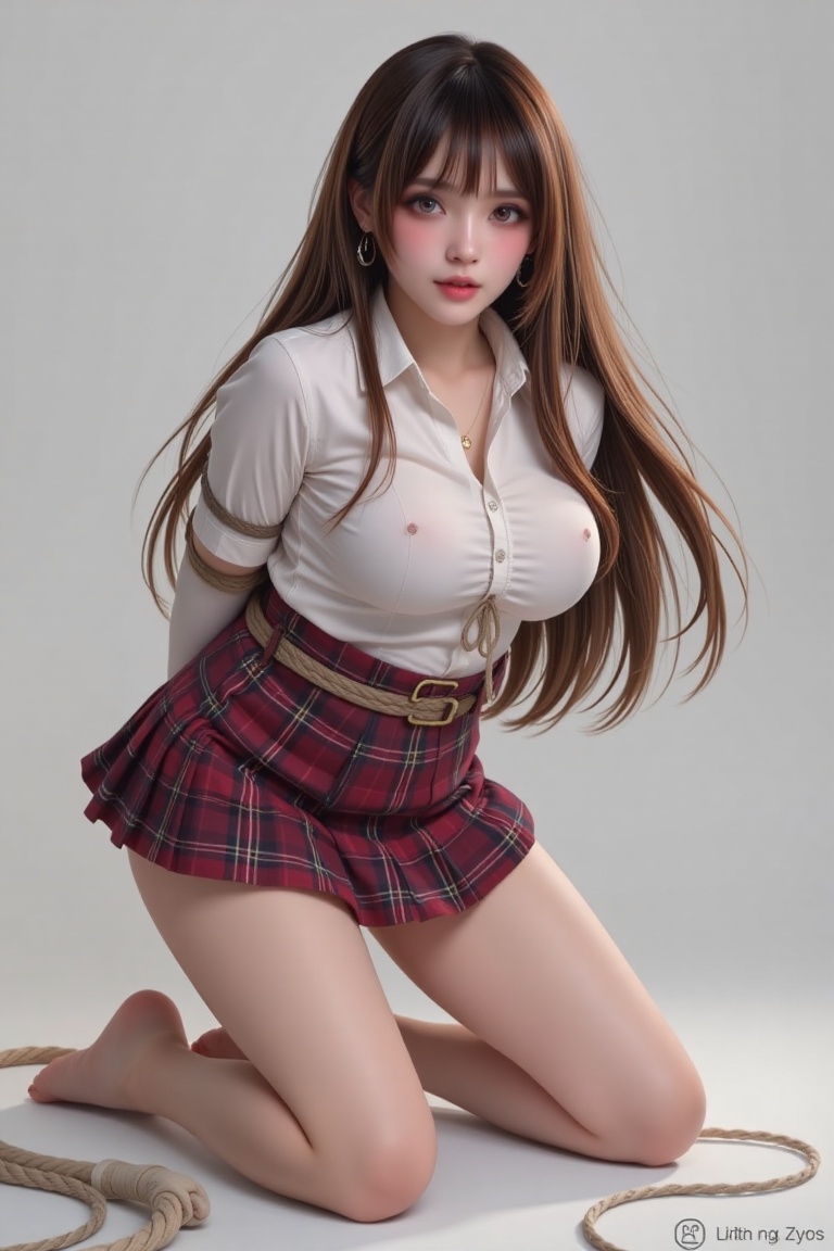 Depict a dynamic pose of a 1girl solo long hair breasts looking at viewer bangs skirt large breasts brown hair shirt thigh...