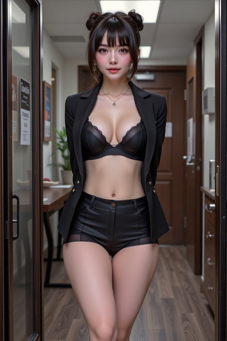 1girl solo breasts looking at viewer bangs skirt black hair thighhighs cleavage brown eyes jewelry panties full body ass e...