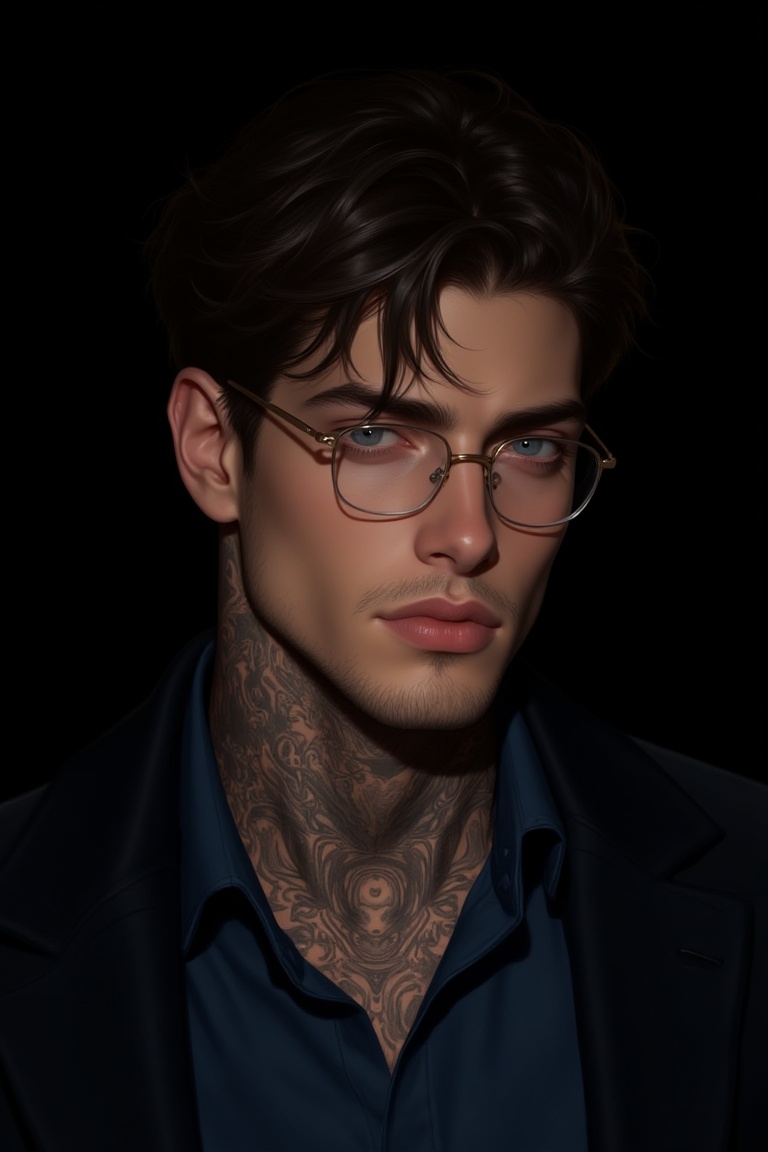 This is a digital portrait of a young,  handsome man with a dark,  moody aesthetic. He has short on Tensor.Art