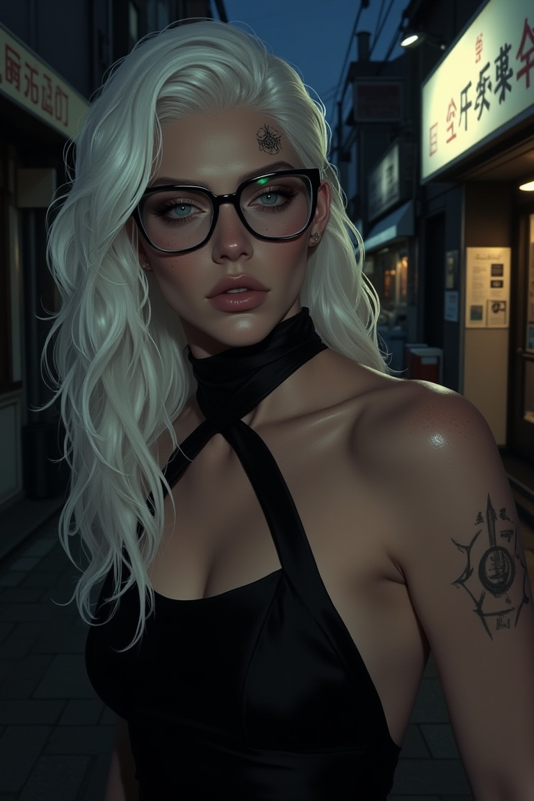 A digital portrait of a rebel pilot around thirty,  with a dark,  moody aesthetic. He or she has long platinum-blonde wave...