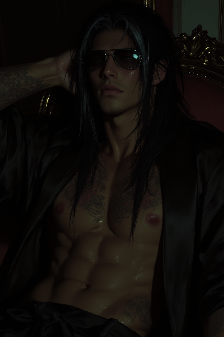 A digital portrait of a cyberpunk netrunner in his late twenties,  with a dark,  moody aesthetic. He or she has long black...