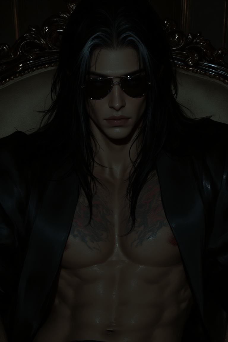 A digital portrait of a cyberpunk netrunner in his late twenties,  with a dark,  moody aesthetic. He or she has long black...