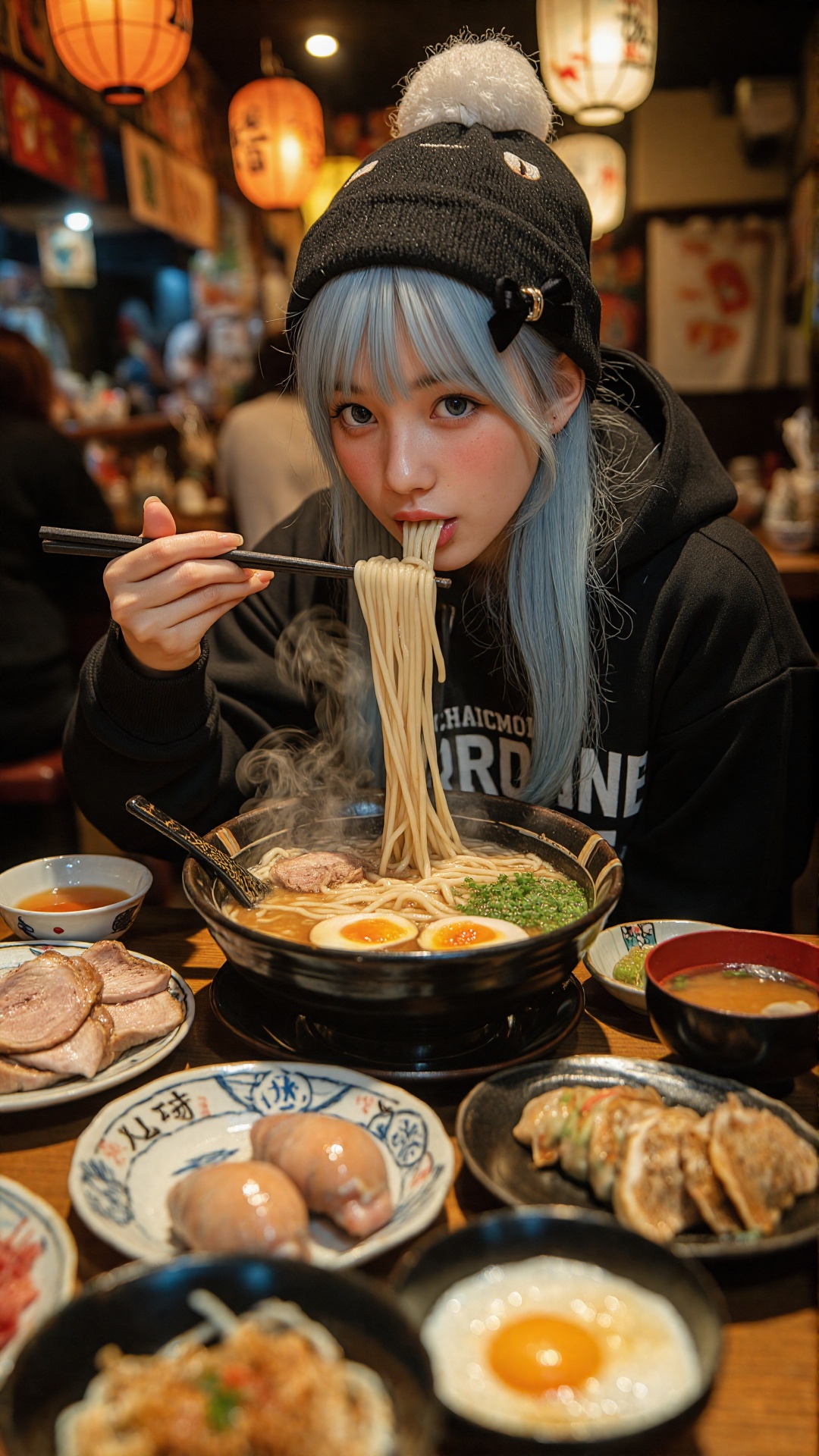 Photorealistic cinematic image of a beautiful young East Asian woman in her early 20s with long light silver-blue hair,  s...