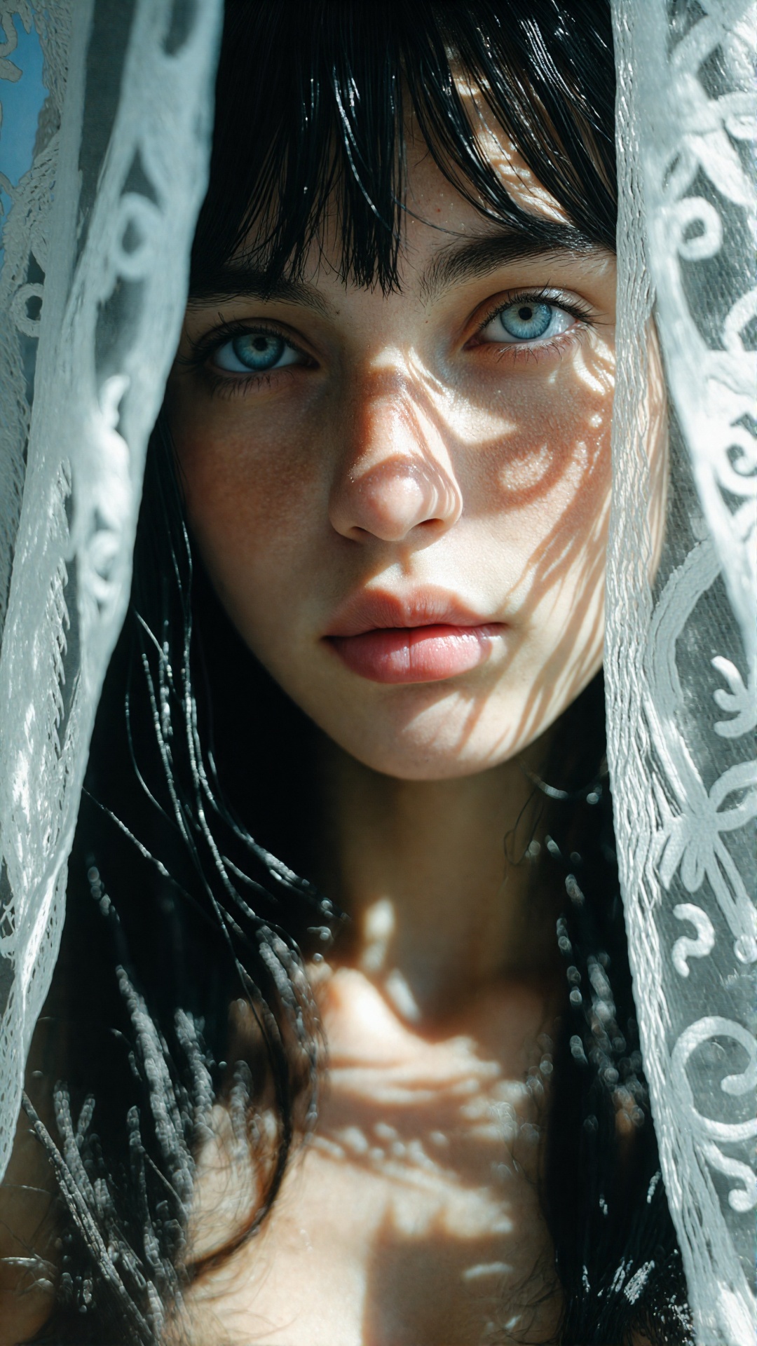 Photorealistic close-up portrait of a beautiful young woman in her early 20s with pale skin,  striking bright blue eyes,...
