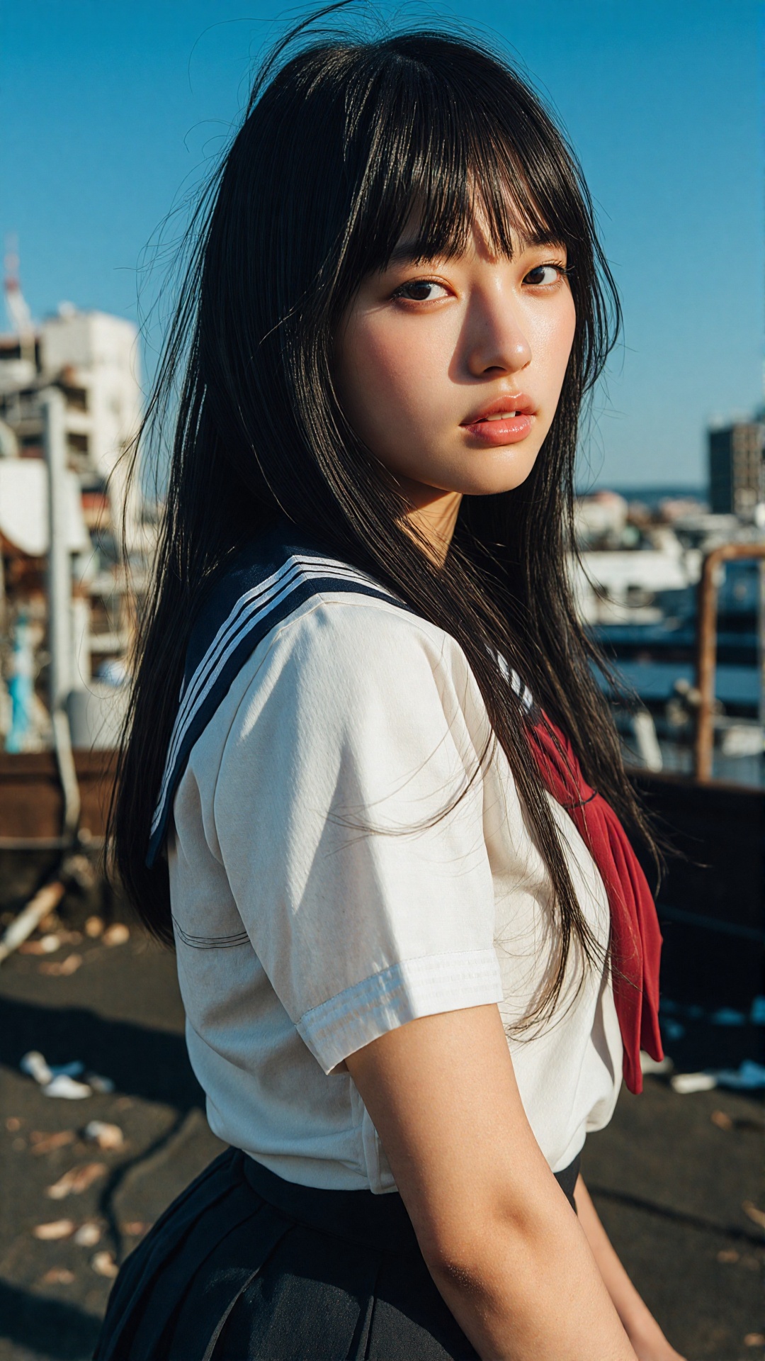 Photorealistic cinematic portrait of a beautiful young Japanese woman in her early 20s with long straight jet-black hair a...