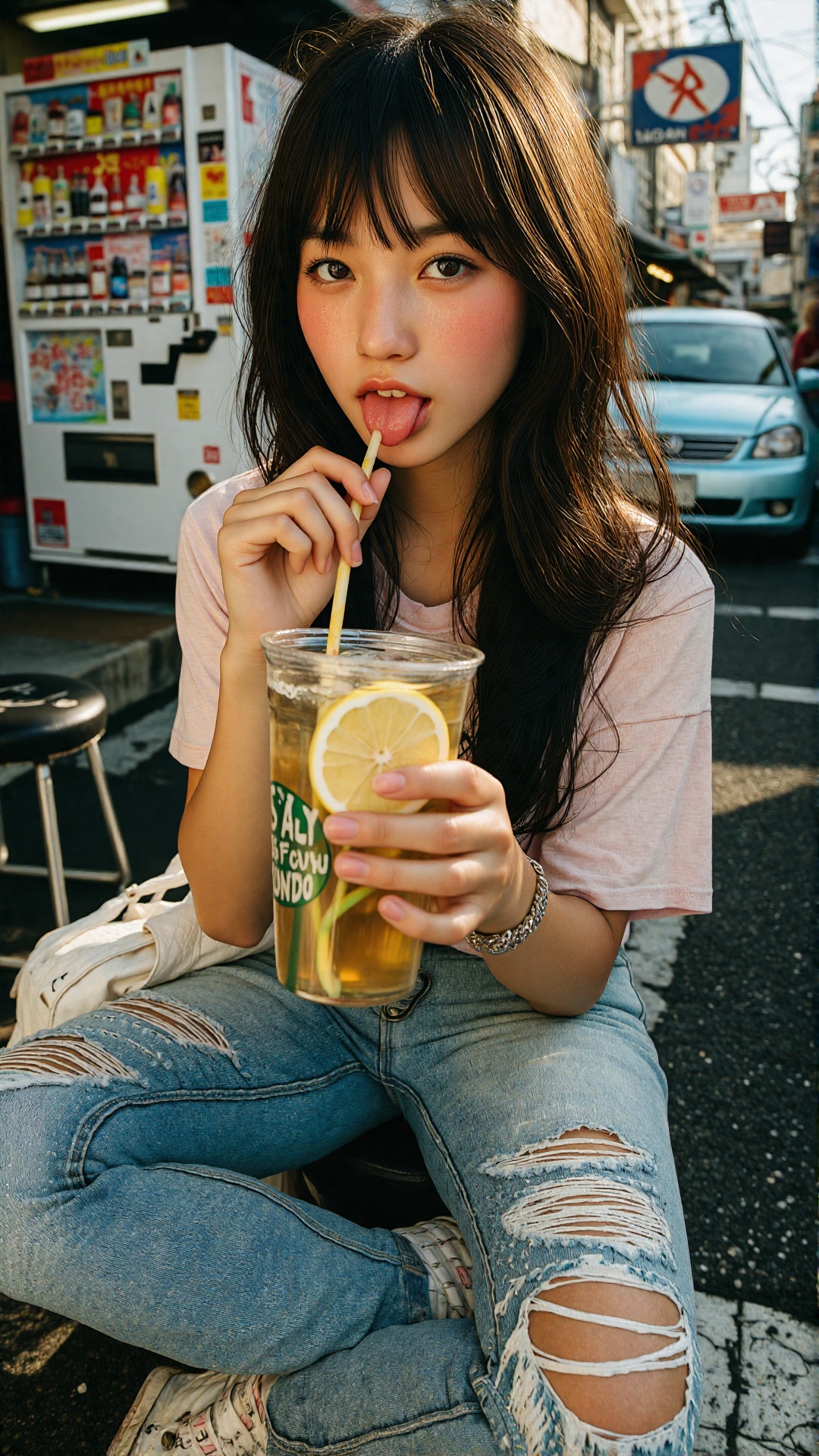 Photorealistic cinematic portrait of a stunning young East Asian woman in her early 20s sitting outdoors at a street drink...
