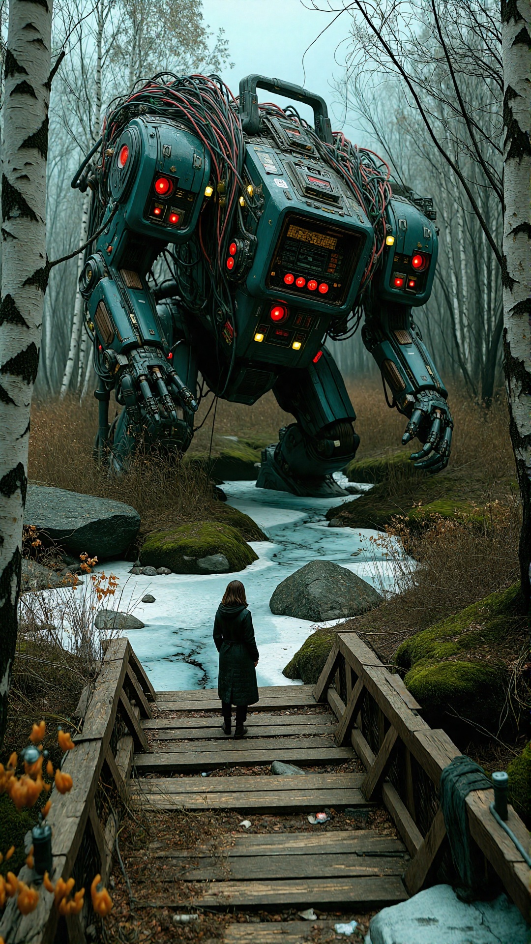 Simon Stålenhag style,  a woman standing on a wooden bridge over a small frozen creek,  looking at a massive decommissione...