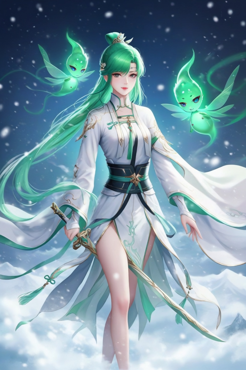 In the middle shot,  the little dragon girl is cold and dusty,  dressed in white as snow by SUNSHINE on Tensor.Art