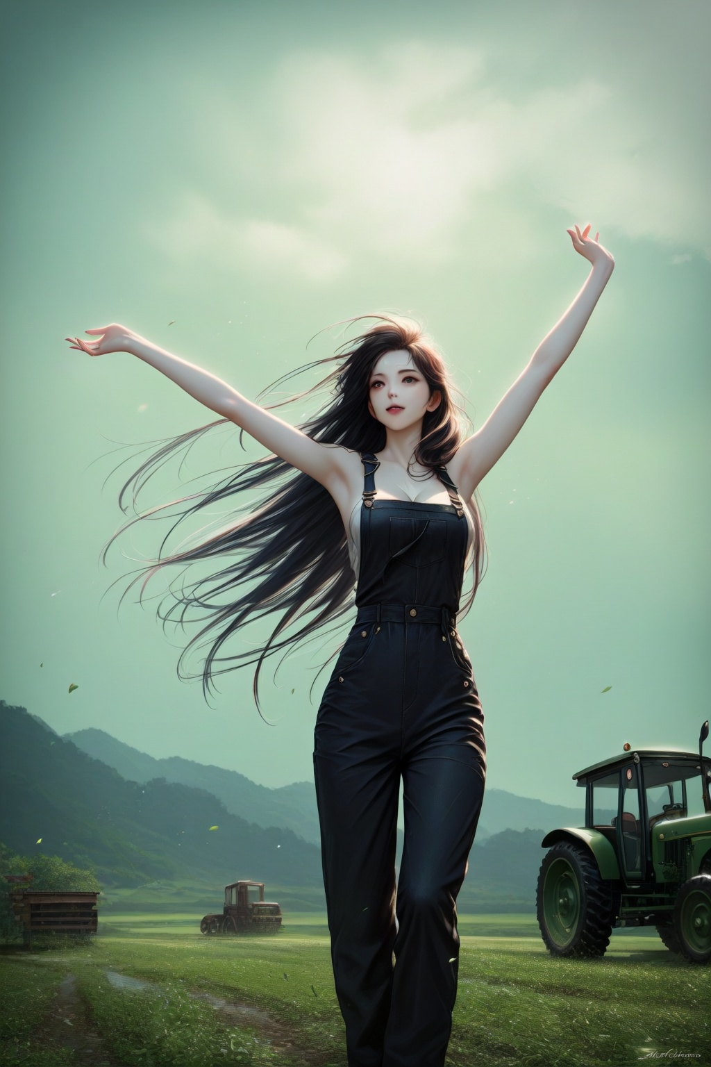 A young East Asian woman with cold white skin and delicate facial features,  long hair blown by the wind,  wearing a slim...