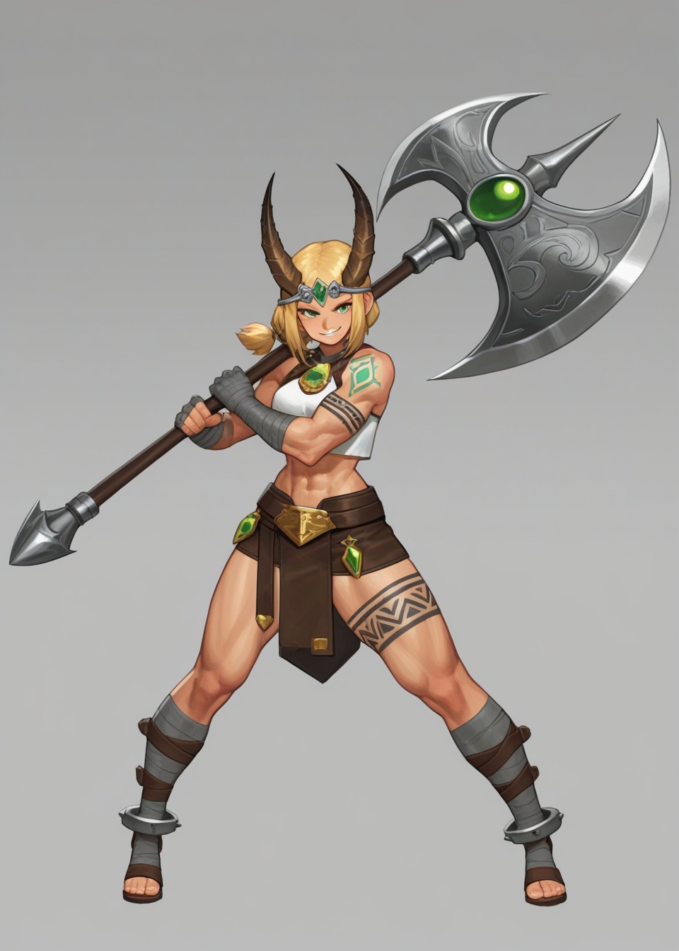 A digital character illustration features a muscular female warrior standing in a confident pose against a neutral light g...