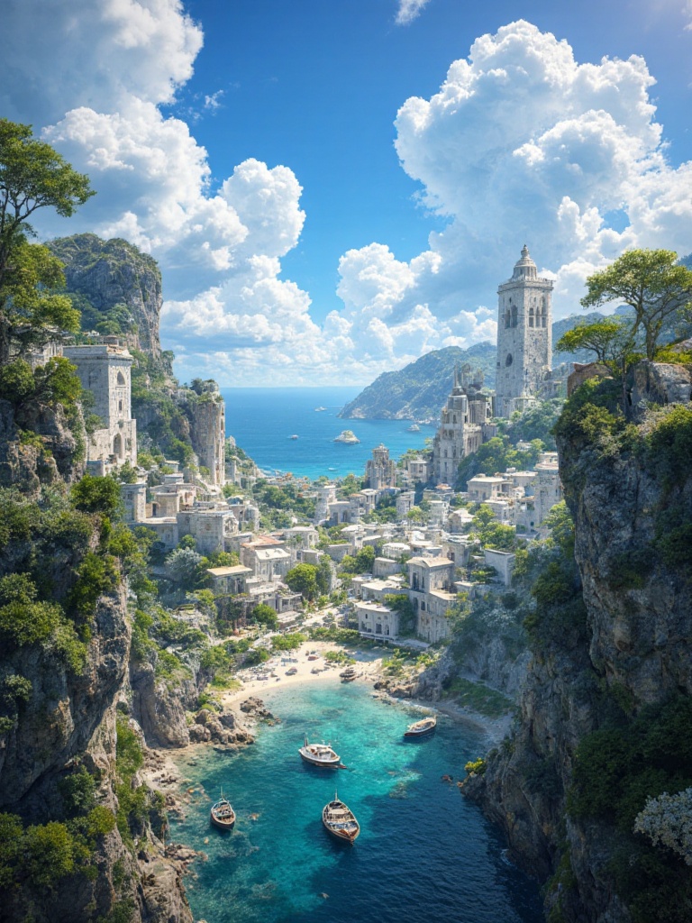 zimg_landstyle,  stoneseasong,  fantasy coastal city on towering cliffs on Tensor.Art