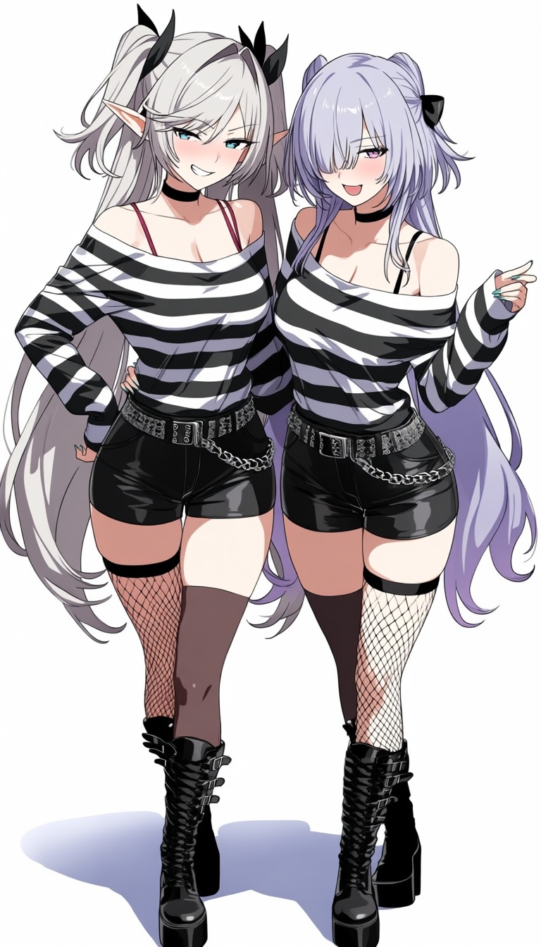 Anime-style drawing of two female characters with elf-like features,  both wearing striped off-the-shoulder tops and fishn...