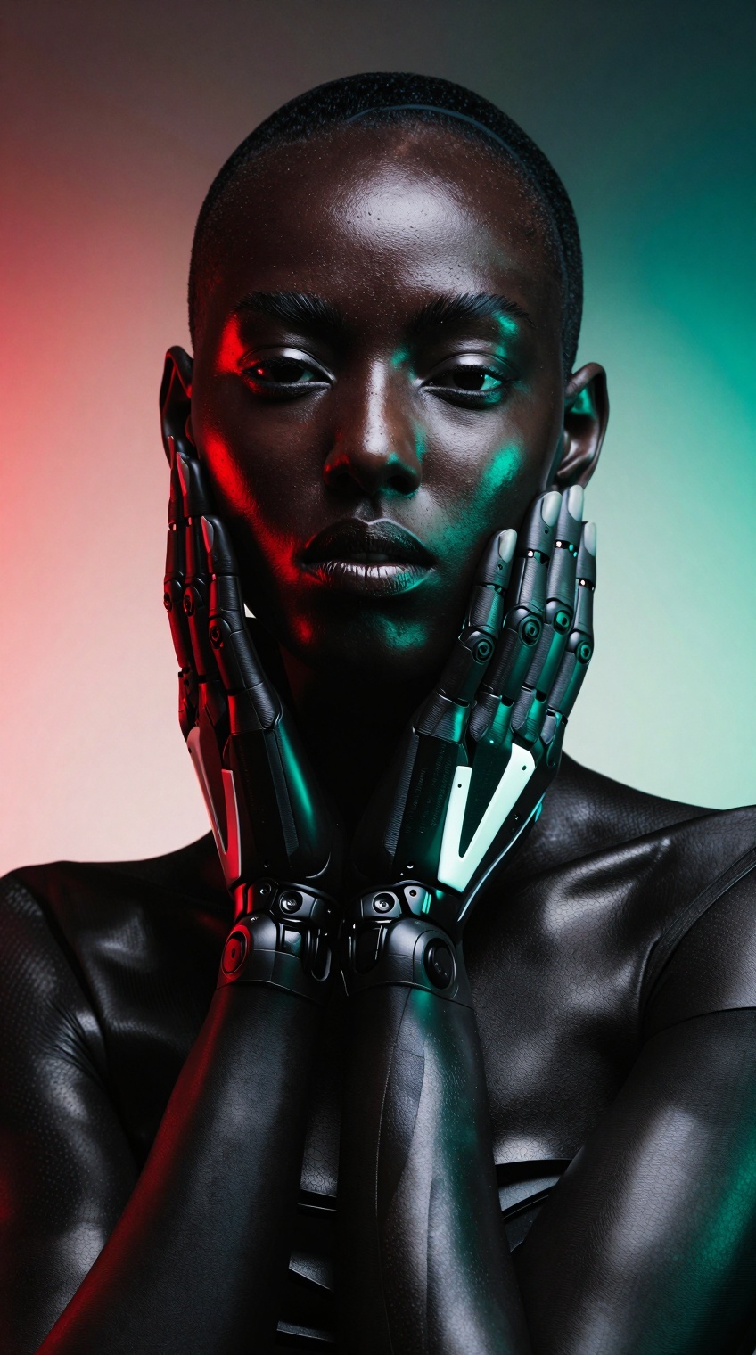 futuristic editorial portrait,  cybernetic beauty,  dark skin on Tensor.Art