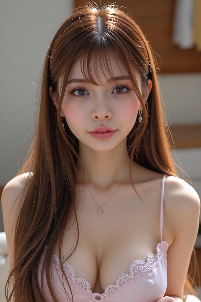 8K,  UHD:1.2,  1girl solo long hair looking at viewer bangs breasts cleavage brown hair brown eyes realistic on Tensor.Art