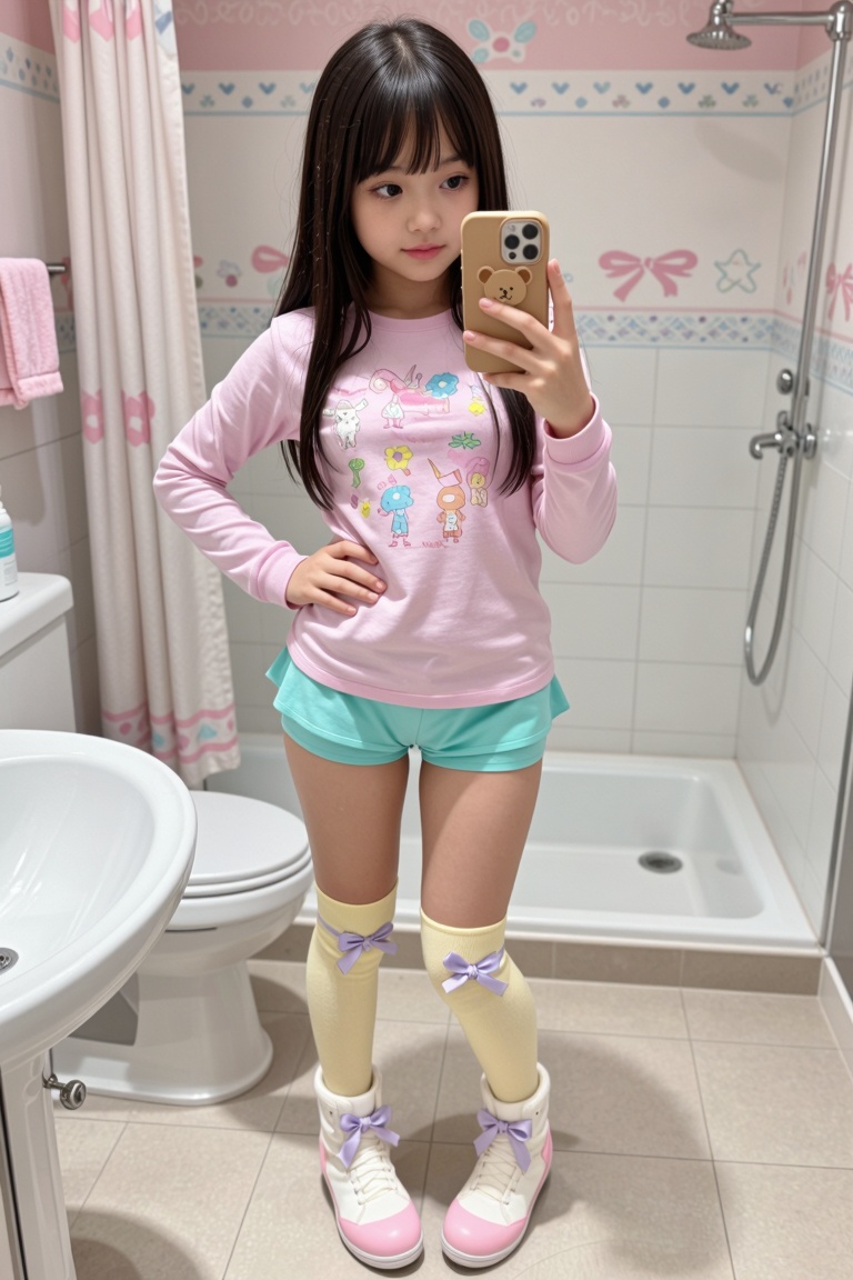 A selfie photograph of a teenage girl with full bangs and long,  straight long dark hair,  milk chocolate skin tone on Ten...