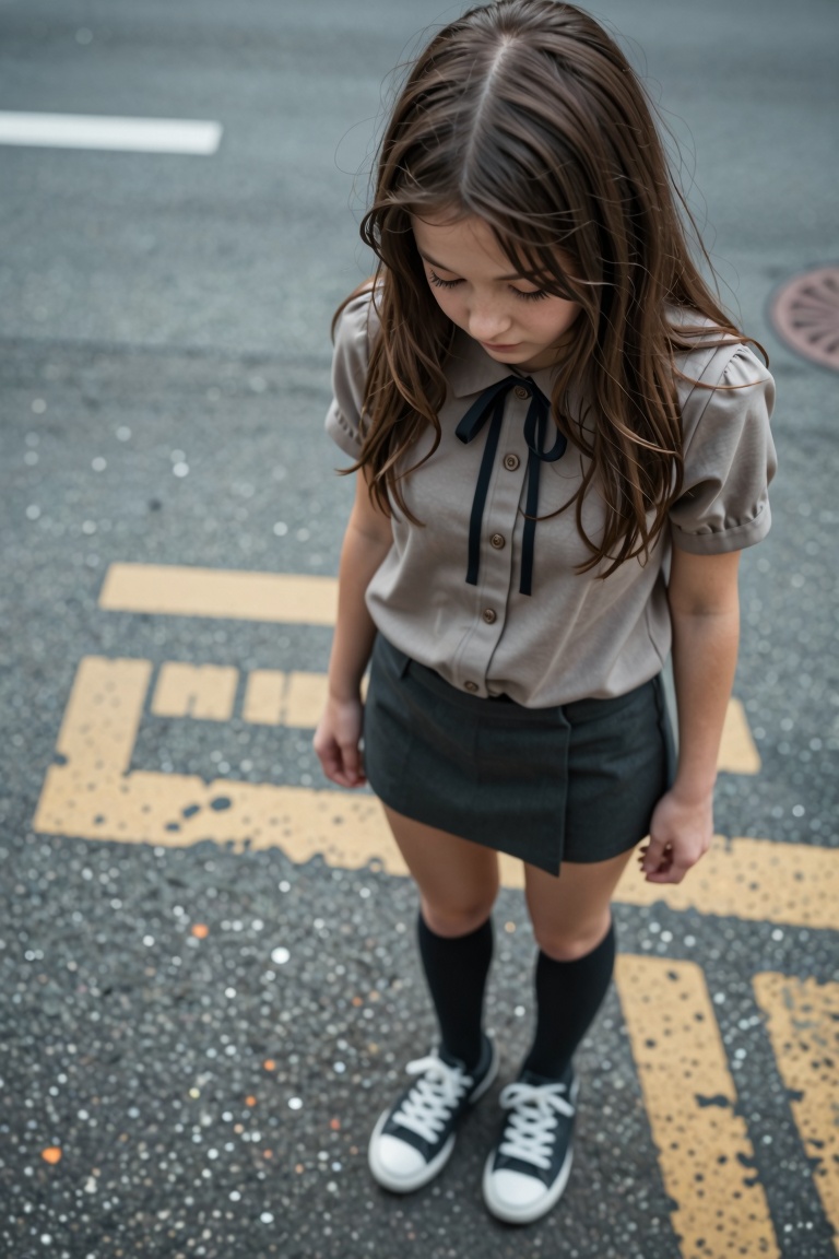 Photograph: A photorealistic high-angle,  extreme close-up shot looking down at a young girl standing on a city street. Sh...