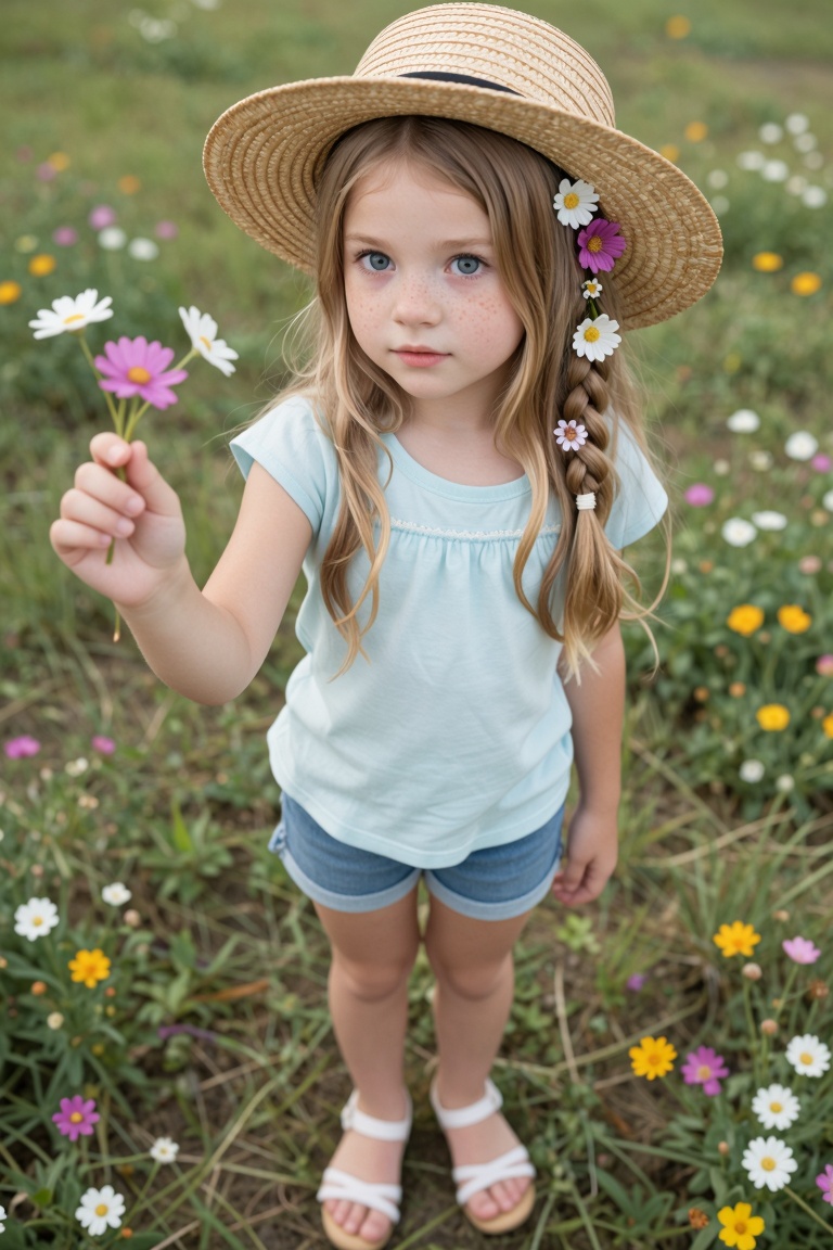 Florence (9 years old) - Picker of wildflowers in a field in Concord Argentinian girl 9 years old,  light skin with freckl...