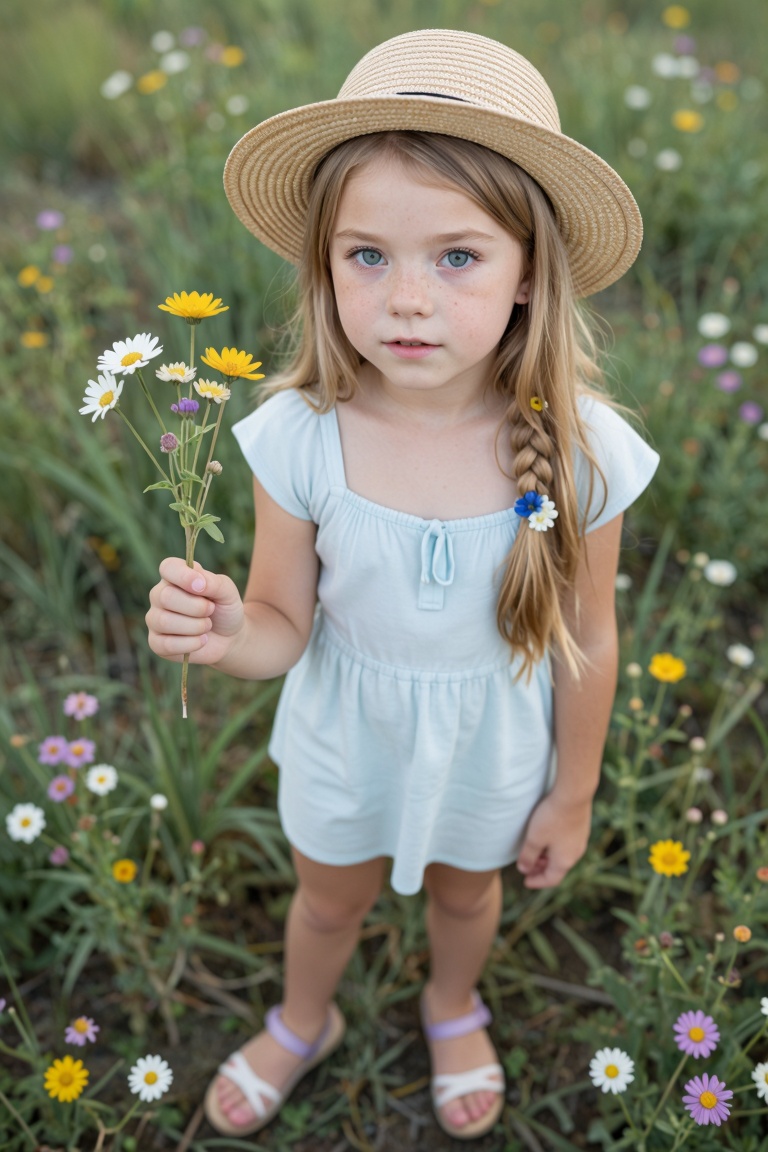 Florence (9 years old) - Picker of wildflowers in a field in Concord Argentinian girl 9 years old,  light skin with freckl...