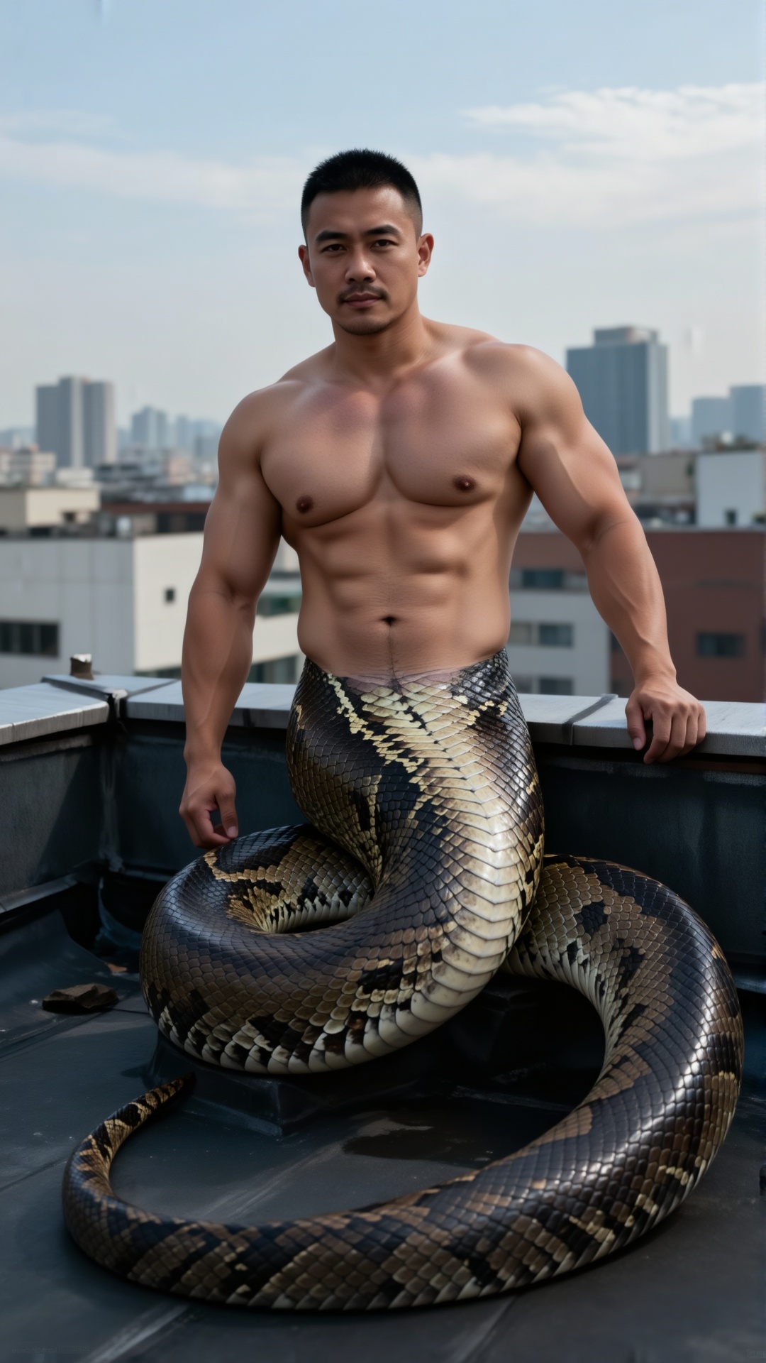 A serpent - man: extremely muscular human torso (shirtless),  from belly button down a thick,  brown - patterned scaled sn...
