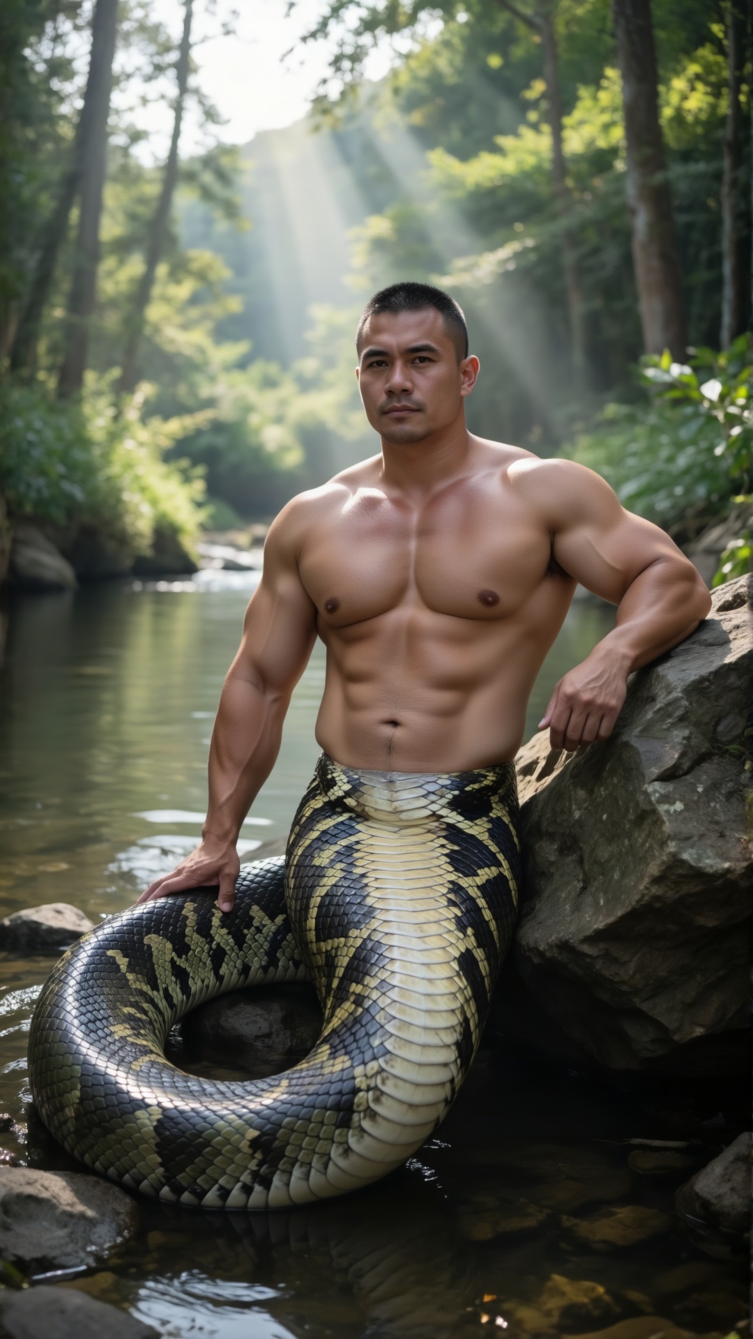 蛇人男性,  A serpent - man: extremely muscular shirtless human torso,  leaning against a rock by a forest stream with his left...