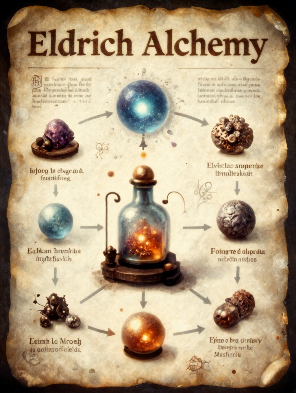diagram of the multi-step process for the alchemical distillation of stardust and earth minerals to an elixir of potent ma...