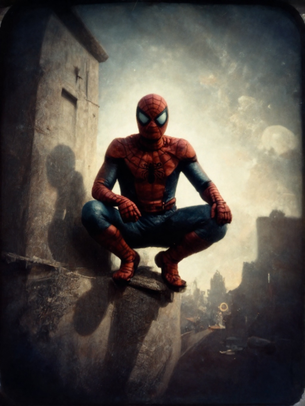 portrait of spiderman crouched on a building facade in the late afternoon with long shadows and a dramatic sky. eldritch f...