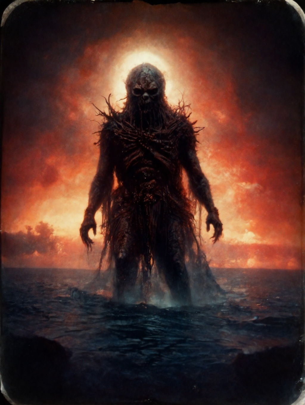 an evil horror Cthulhu rising from the ocean under a sunset menacing blood sky eldritch found photograph. on Tensor.Art