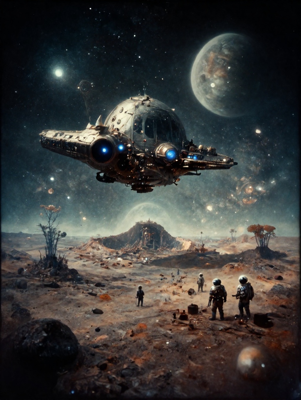 a spaceship,  hovering above a barren alien landscape,  with a ringed planet in the background on Tensor.Art