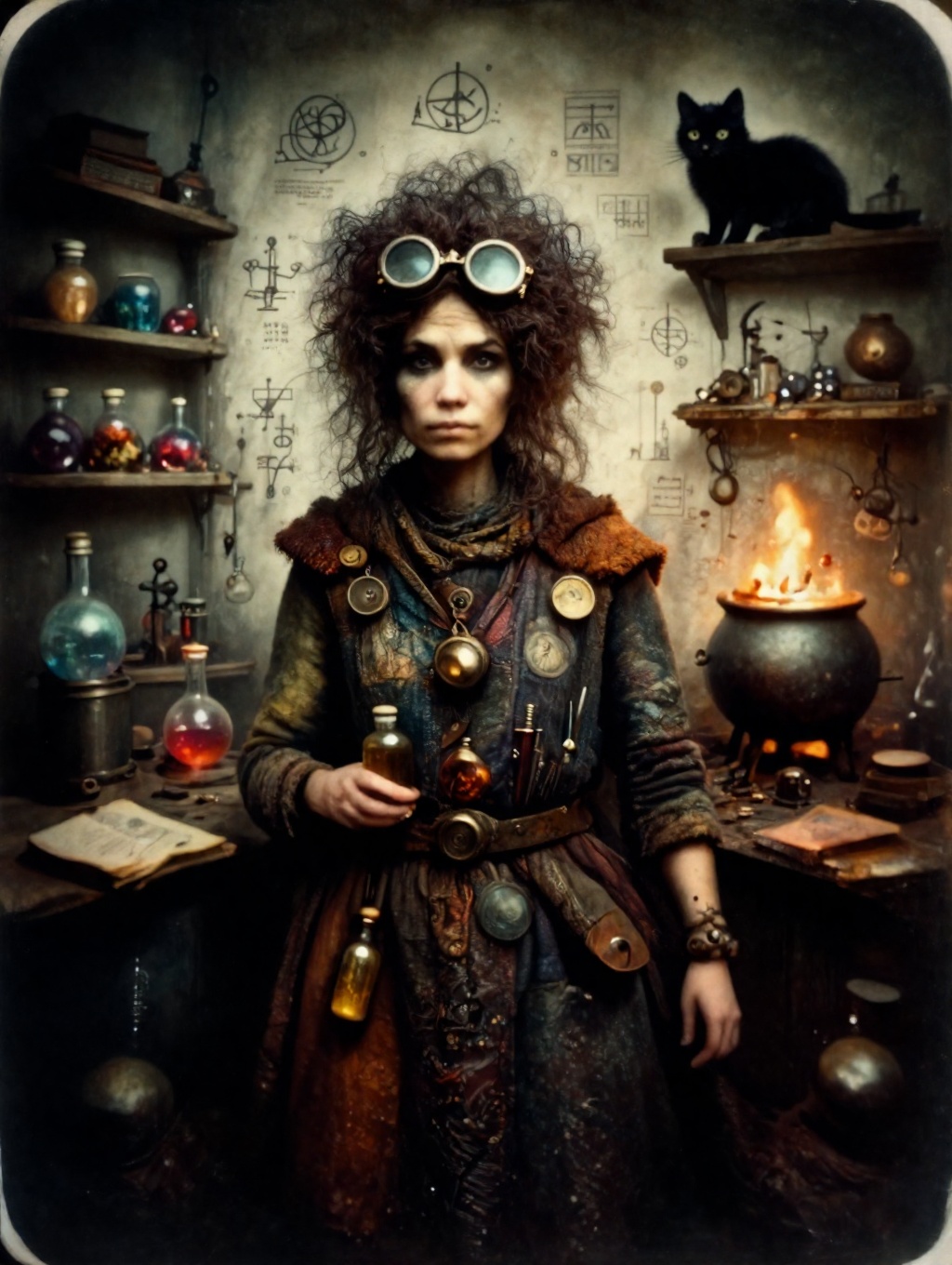portrait of an eccentric female alchemist,  with wild,  curly hair and goggles perched on her forehead on Tensor.Art