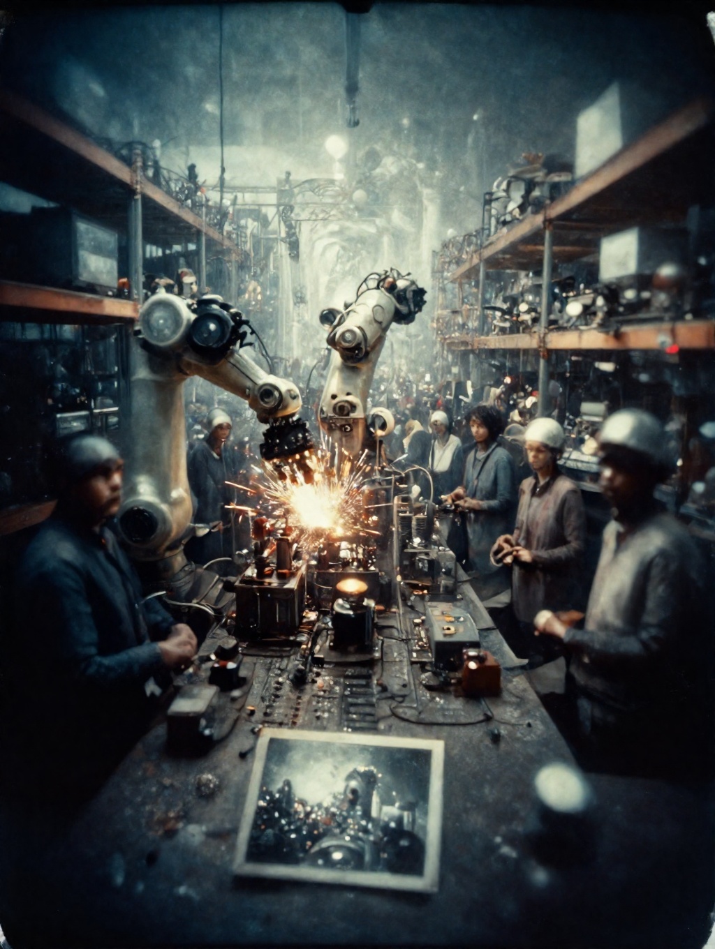 a factory production plant busy with teams of people with robot assembly sparks and tall shelving. eldritch found photogra...
