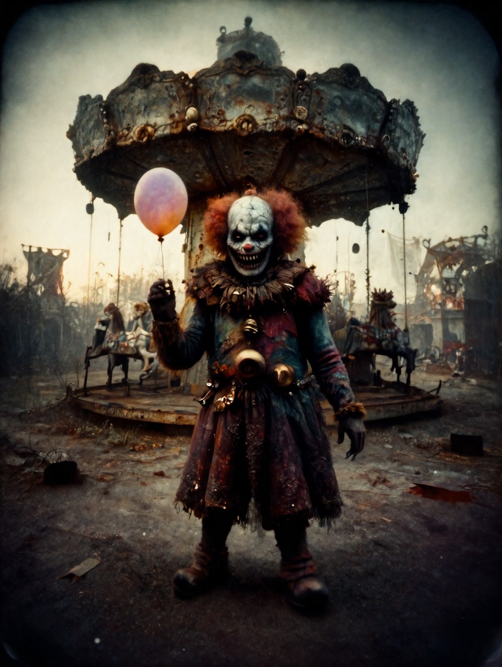an eerie,  deserted carnival at dusk. In the foreground,  a sinister clown-like monster with pale on Tensor.Art