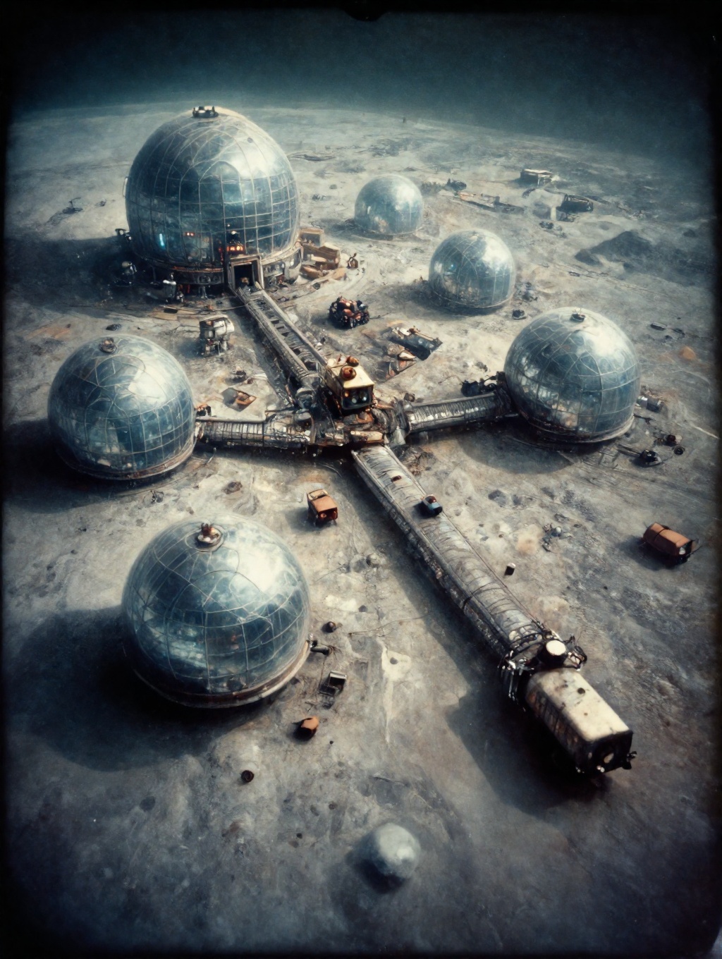 futuristic moon colony aerial view of modular glass steel domes with rovers and long hall connectors eldritch found photog...