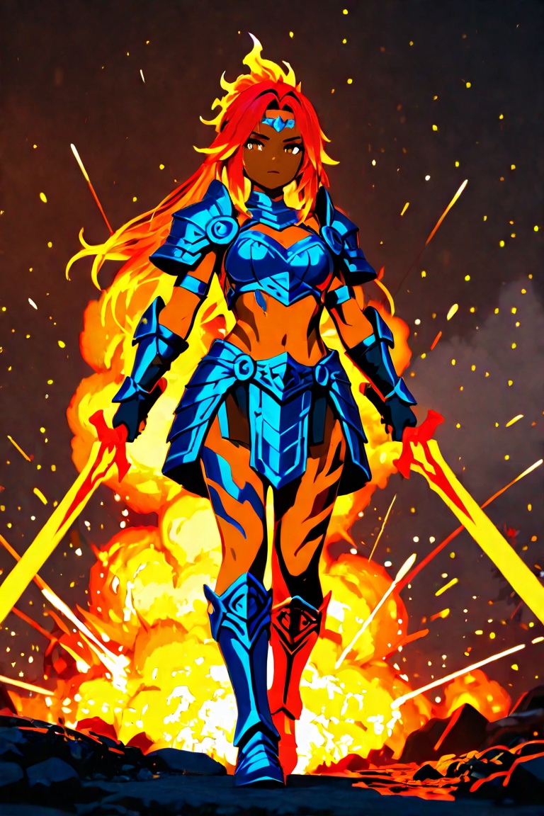 Beautiful warrior queen with ancient tribal tatoos etched onto her chocolate brown skin. Fiery red hair whips around her a...