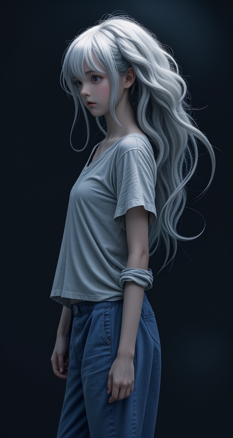 A young woman with strikingly large,  expressive eyes is captured in a poignant side-and-back profile,  her long on Tensor...