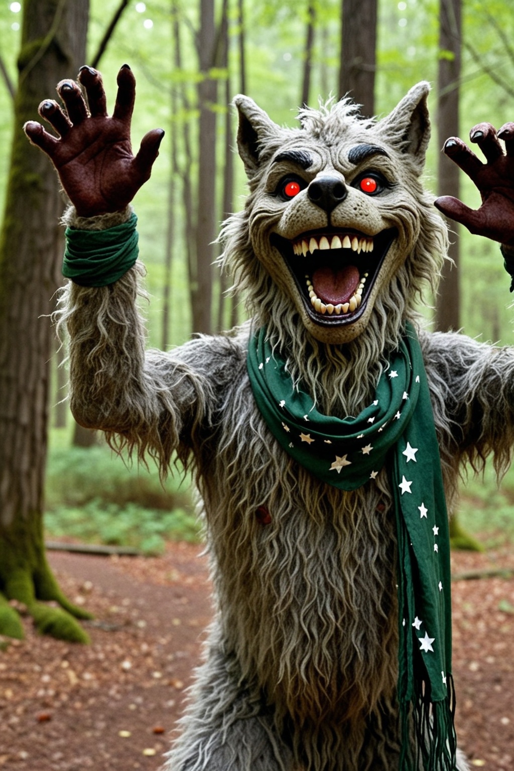 Cinematic photo of a terrorific,  eerie,  anthropomorphic wolf of shaggy fur creature with red eyes on Tensor.Art