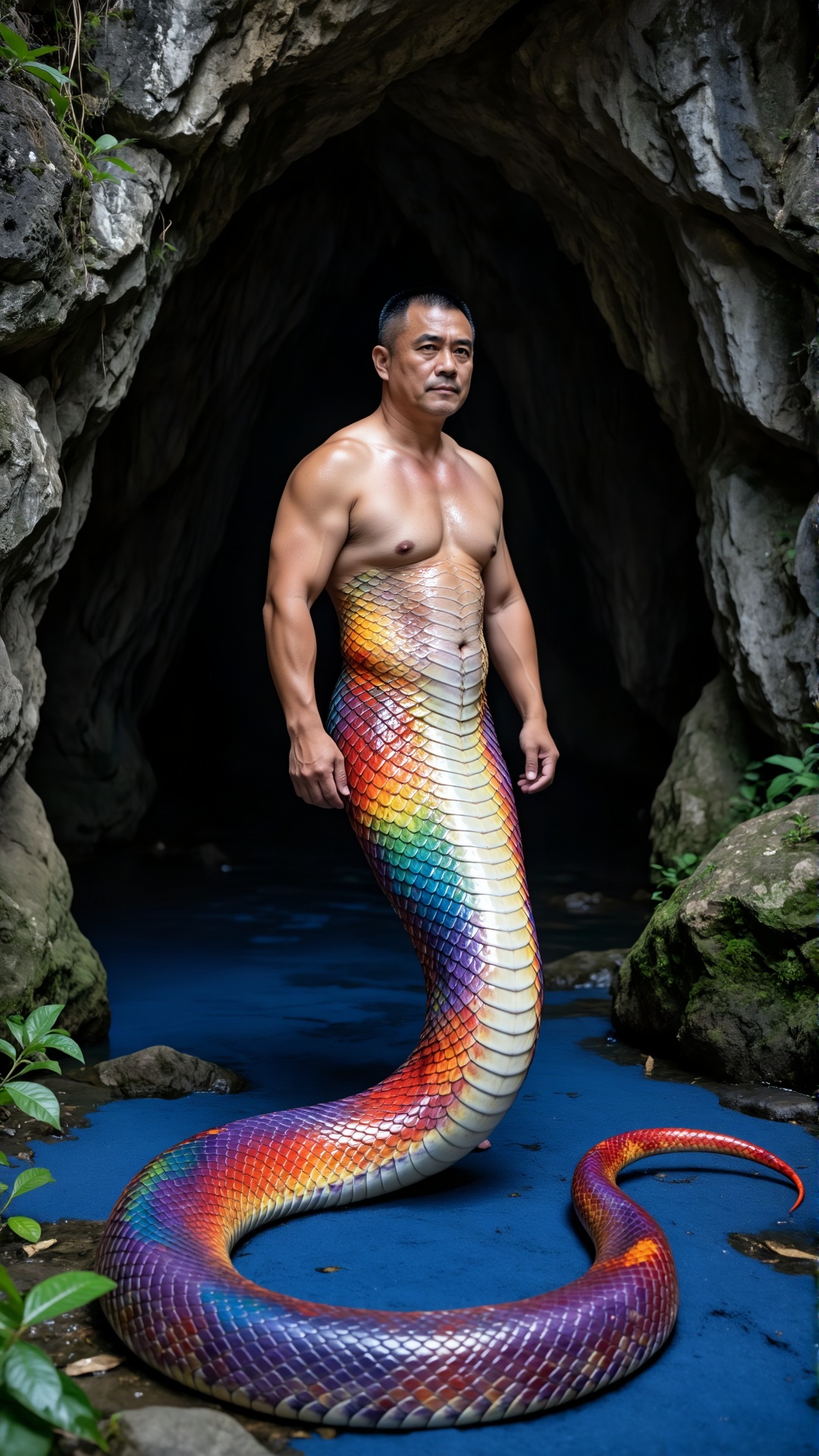 蛇人男性（双人同眠版） 中年男性立于岩洞前,  面庞坚毅,  短黑发整洁 by 一起旅行 on Tensor.Art