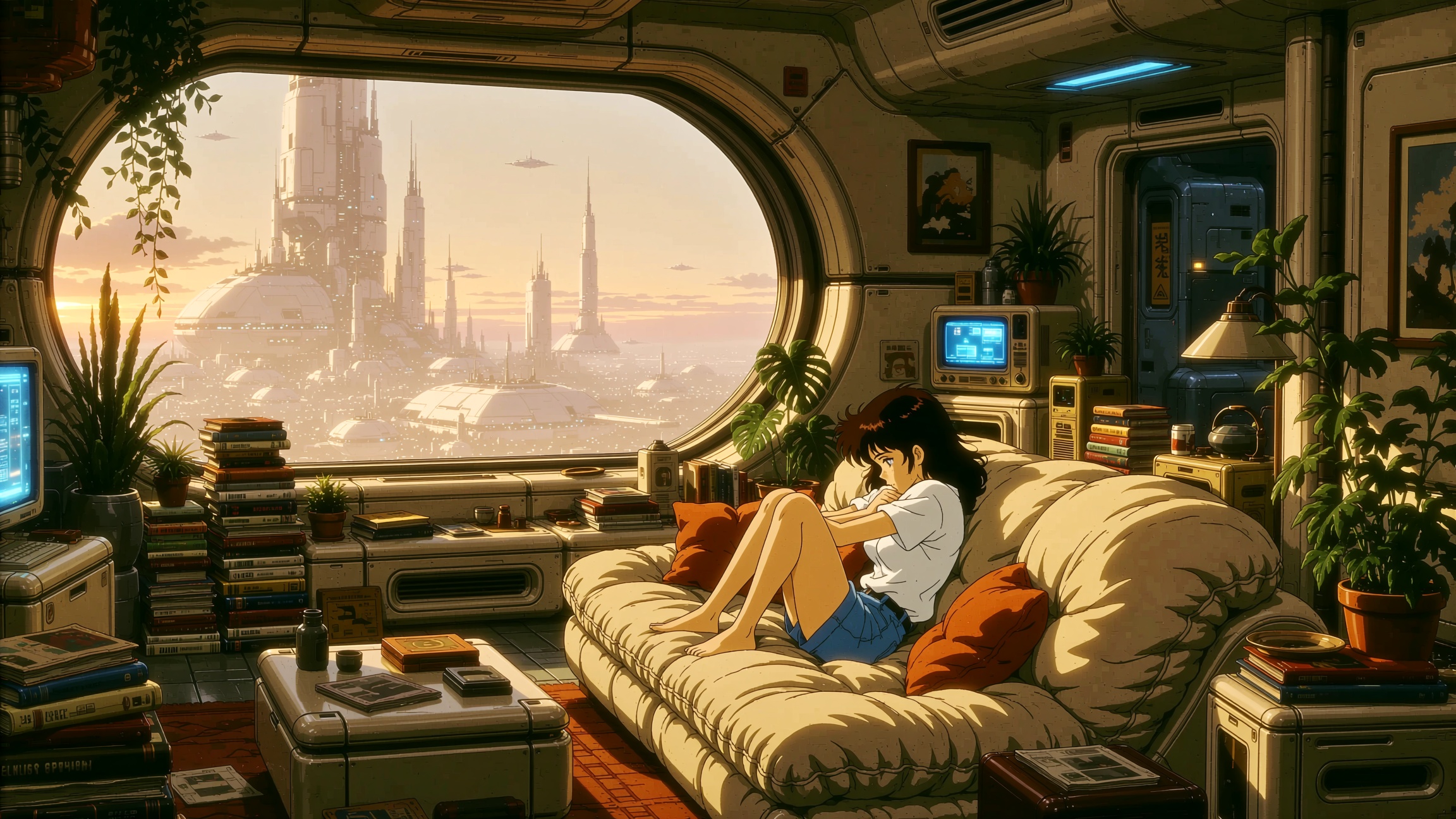 A retro anime style image of a cozy retro-futuristic apartment interior. A young woman is curled up on a large plush sofa,...