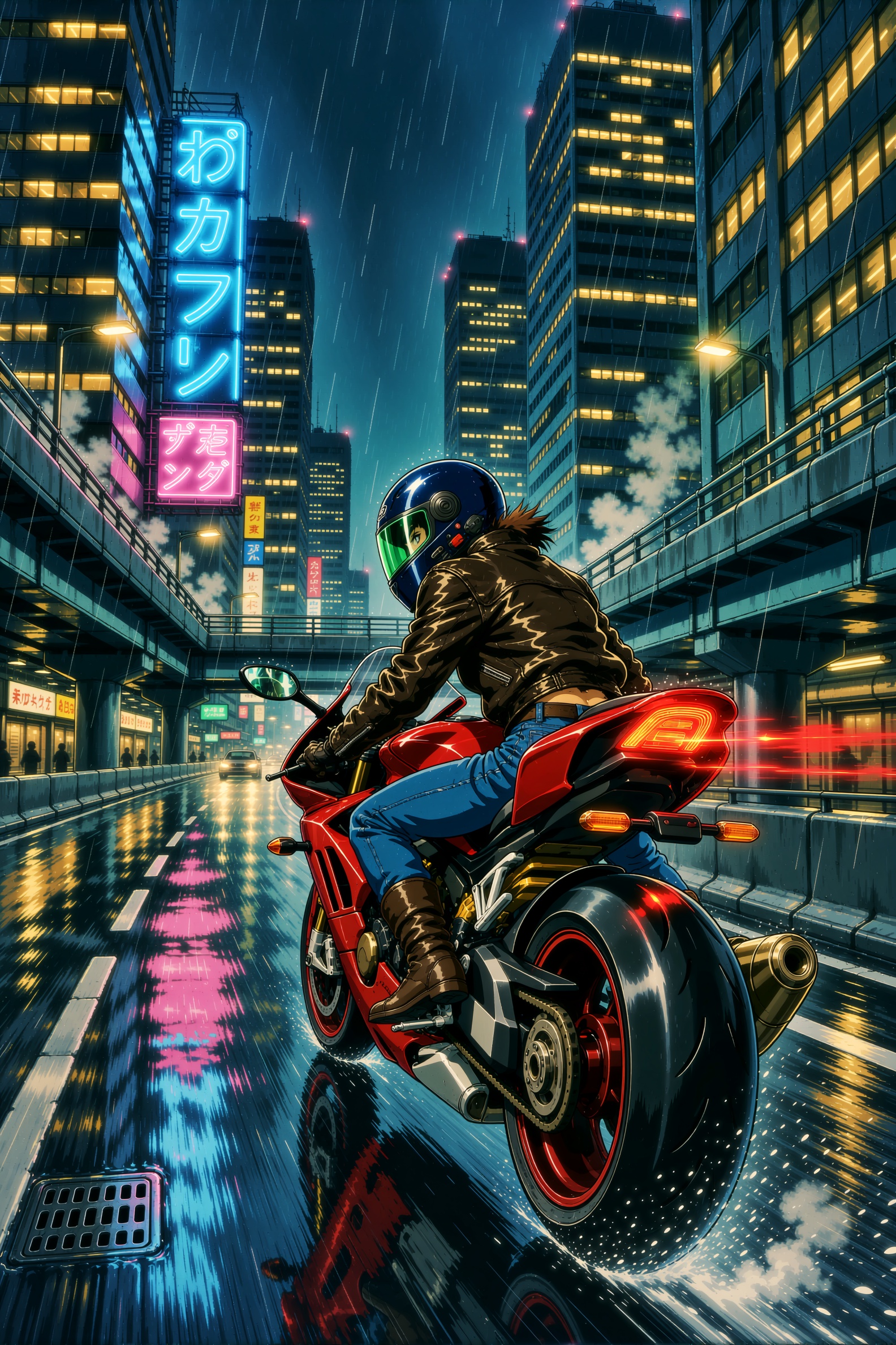 retro anime style image of a lone rider on a sleek red motorcycle speeding down a rain-soaked elevated highway at night. J...