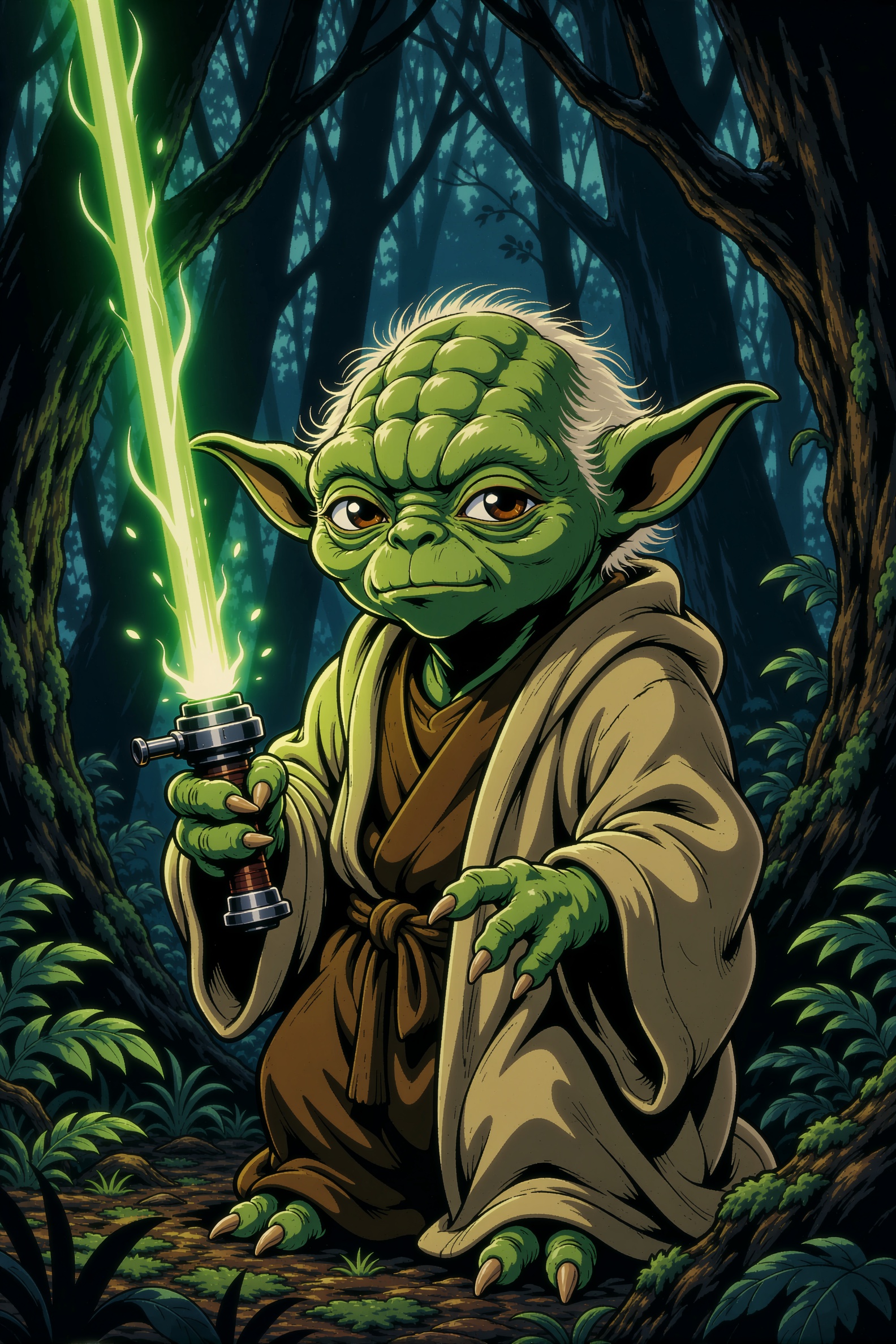 retro anime style of a serious yoda holding a green lightsaber in a dark forest on Tensor.Art