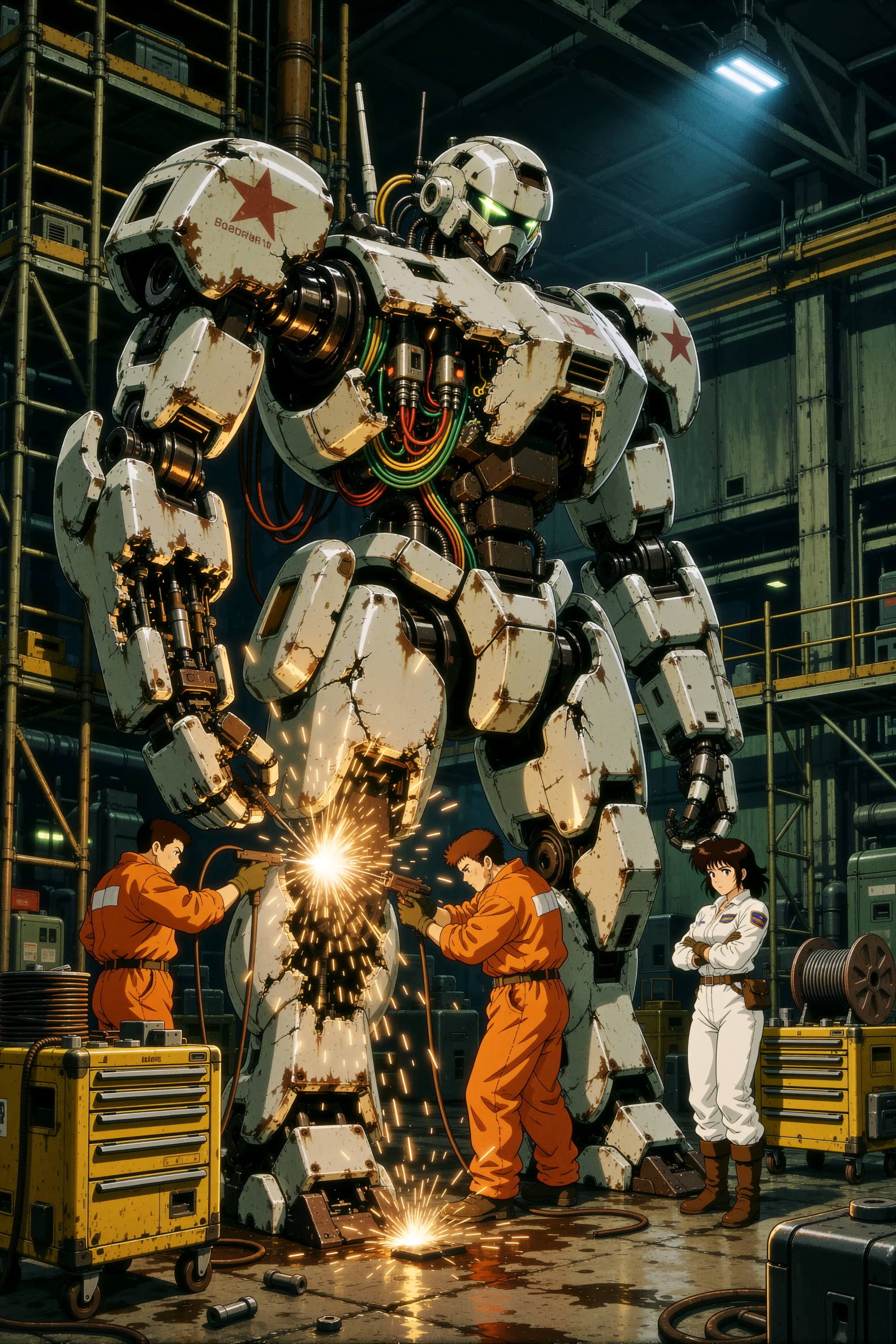 retro anime style image of a towering humanoid mech undergoing heavy repairs inside a vast dimly-lit aircraft hangar. Brig...