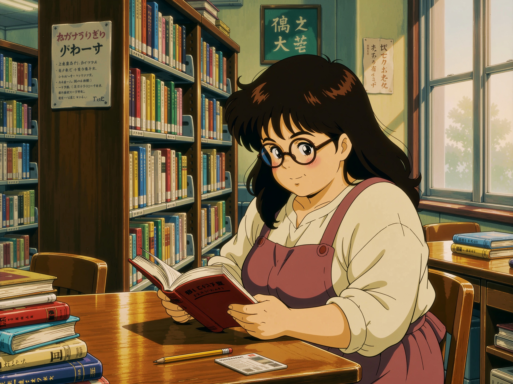 a retro anime style image of a chubby young woman with round glasses sitting in a quiet library,  reading a book at a wood...