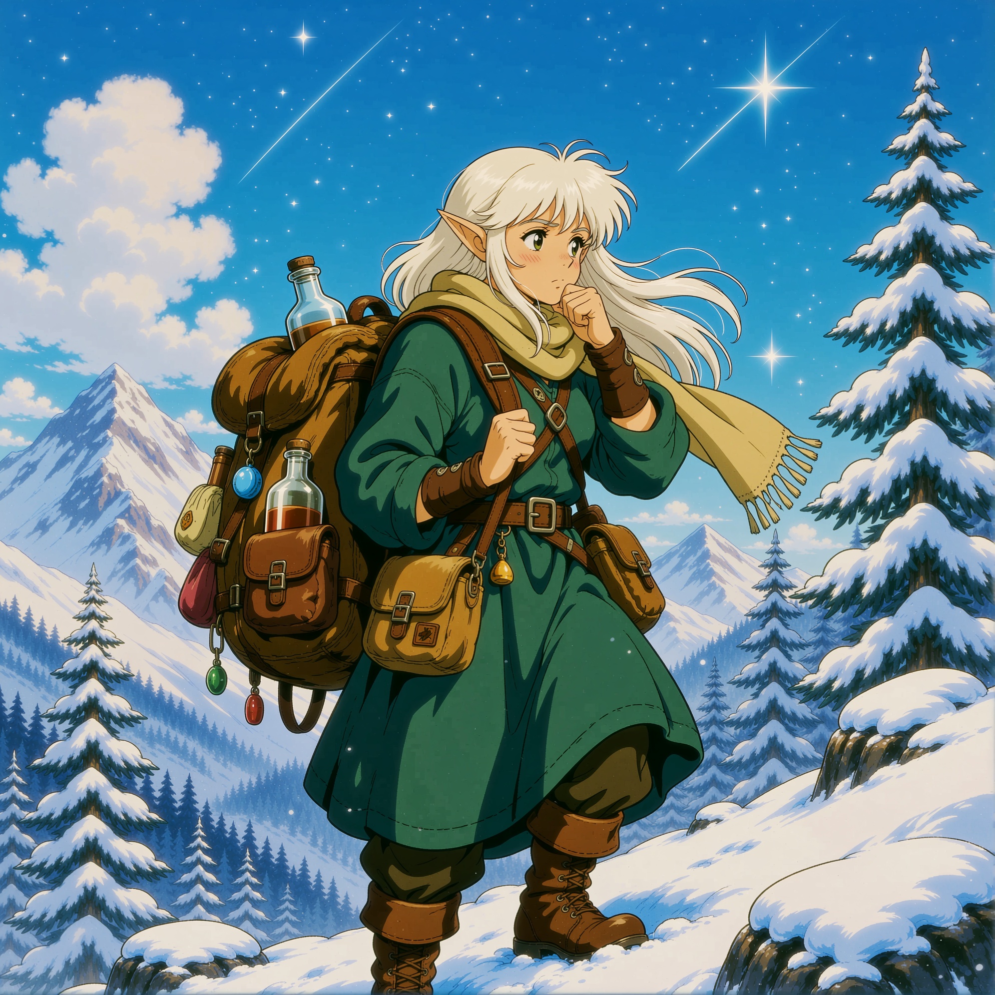 this retro anime style image depicts an elf adventurer,  characterized by her long,  flowing white hair on Tensor.Art