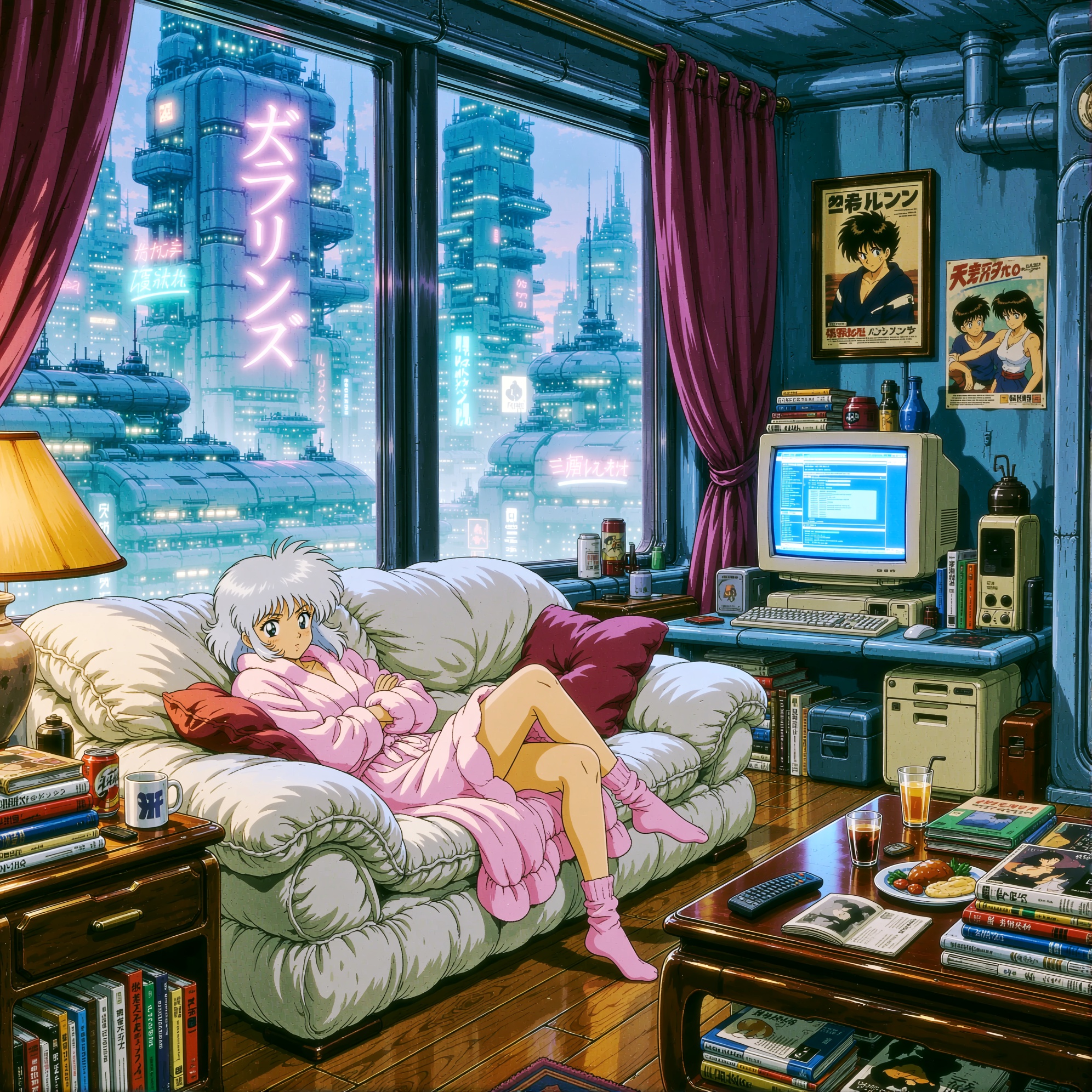 A retro anime style image of a girl with white silver hair,  dressed in a pink puffy robe and pink socks,  lying on a plus...